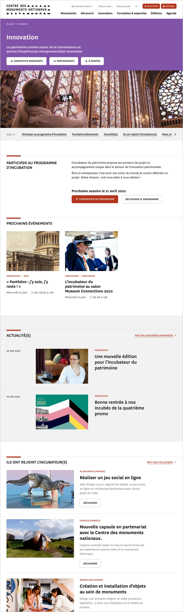 Design UX/UI desktop de la page innovation du site portail du Centre des monuments nationaux