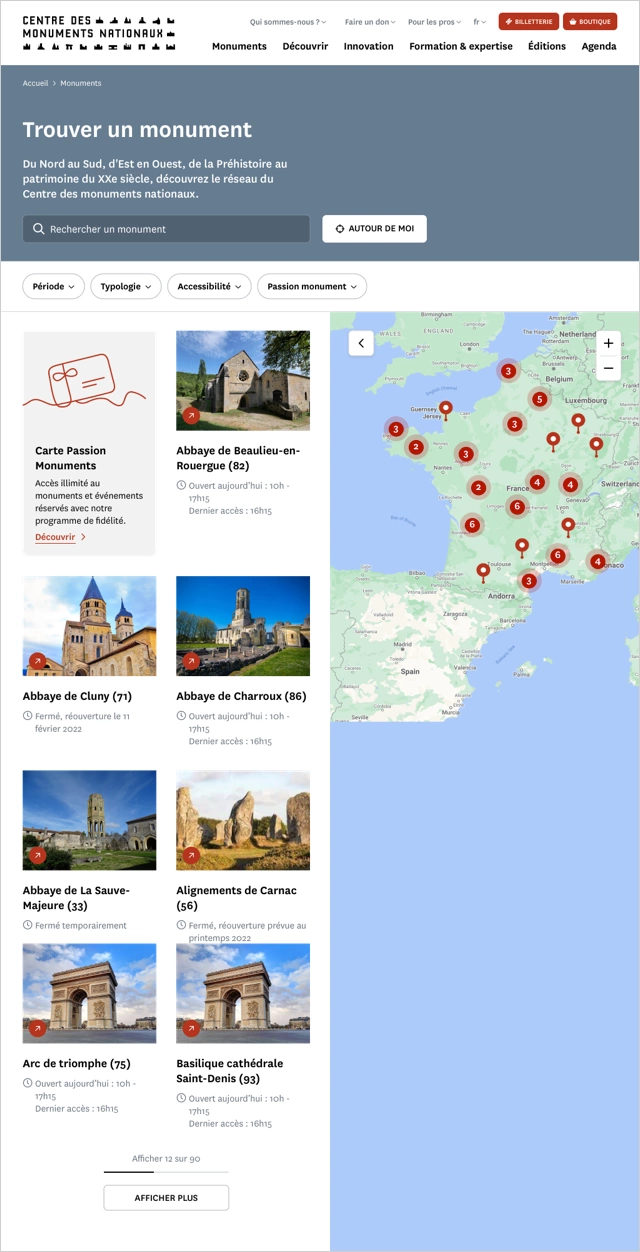 Design UX/UI desktop de la page des monuments du site portail du Centre des monuments nationaux