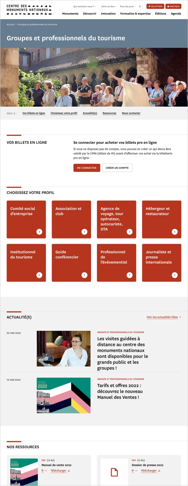 Design UX/UI desktop de la page pro tourisme du site portail du Centre des monuments nationaux