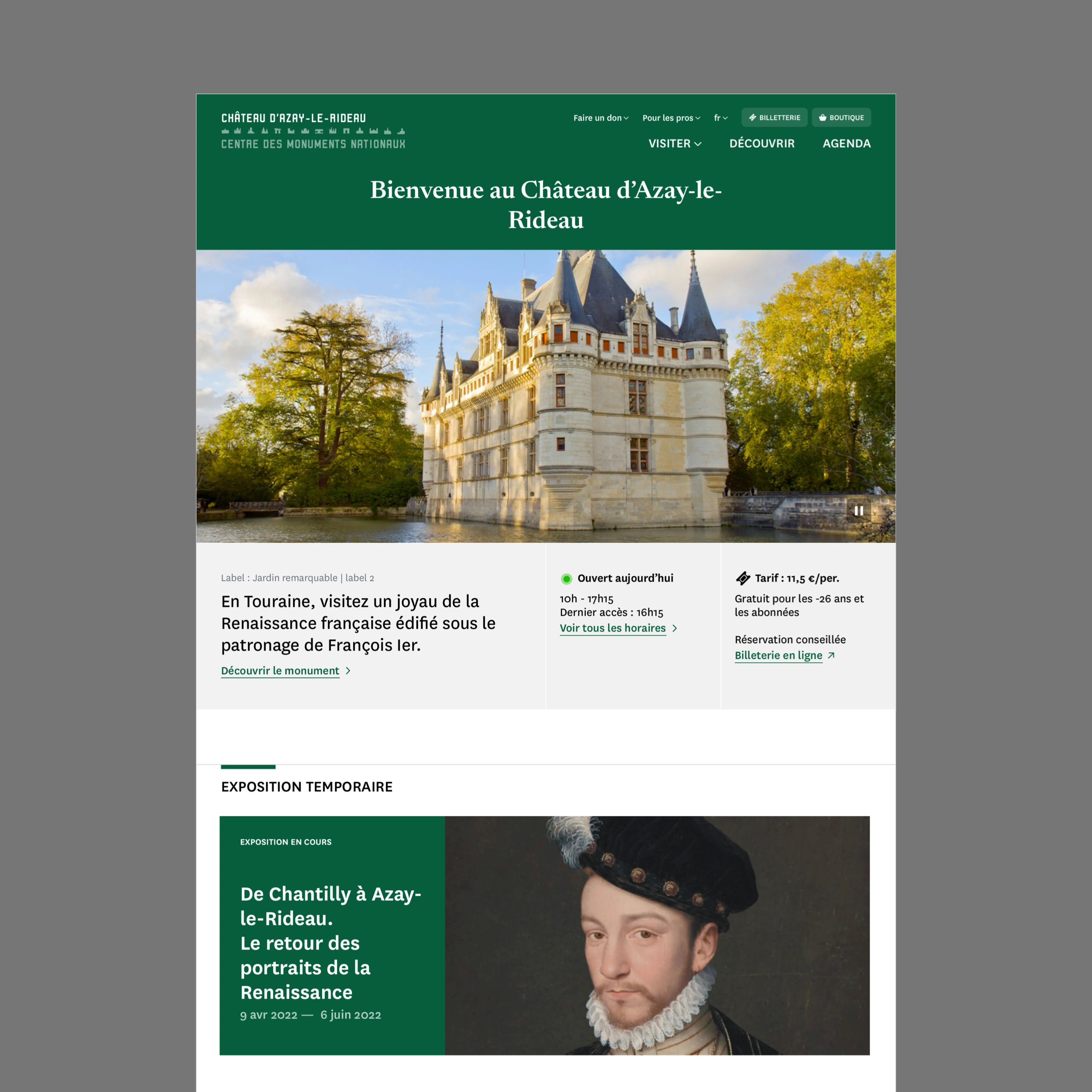 aperçu de la page d'accueil en desktop du site d'un monument du centre des monuments nationaux