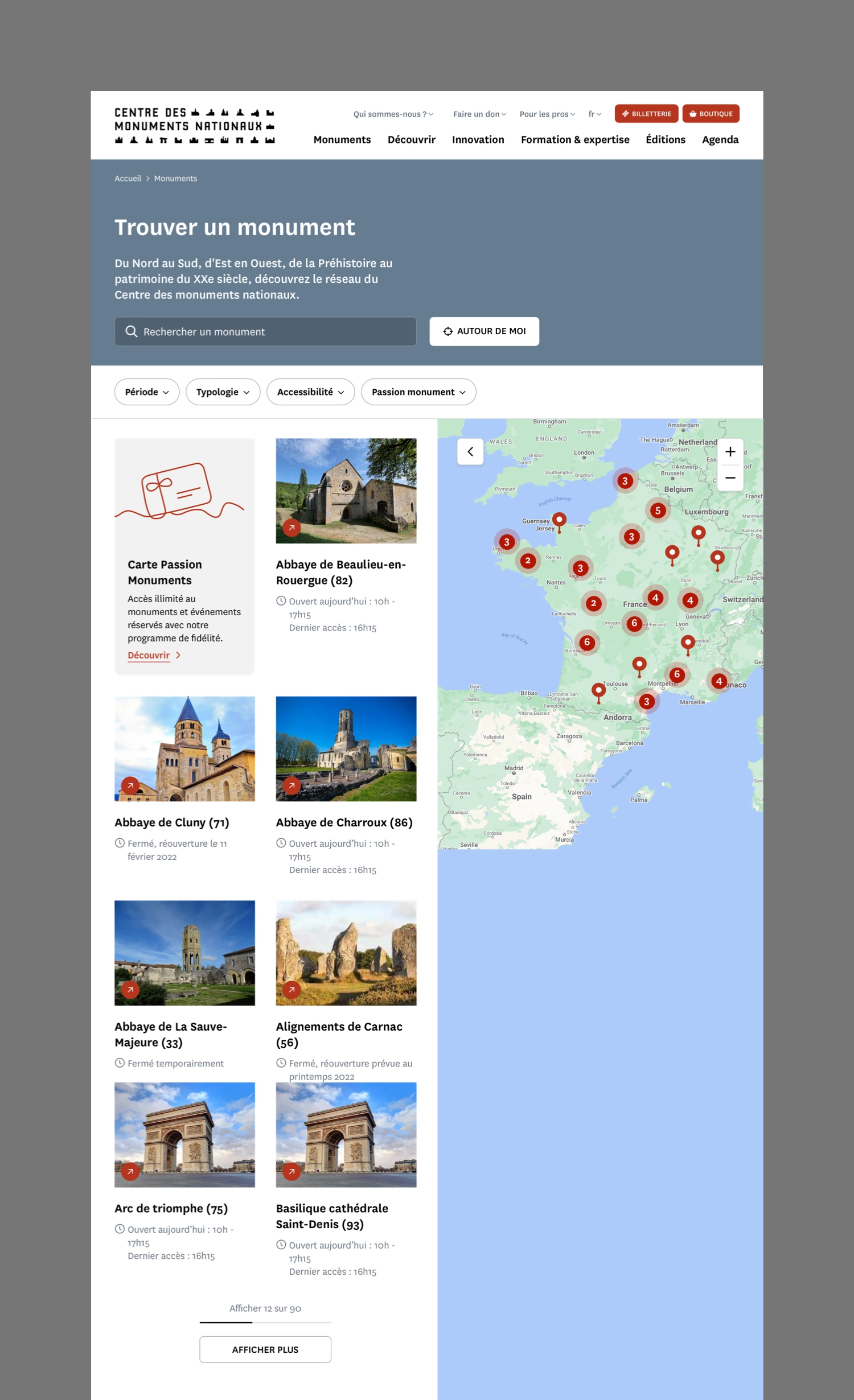 aperçu de la page des monuments en desktop du site portail du centre des monuments nationaux