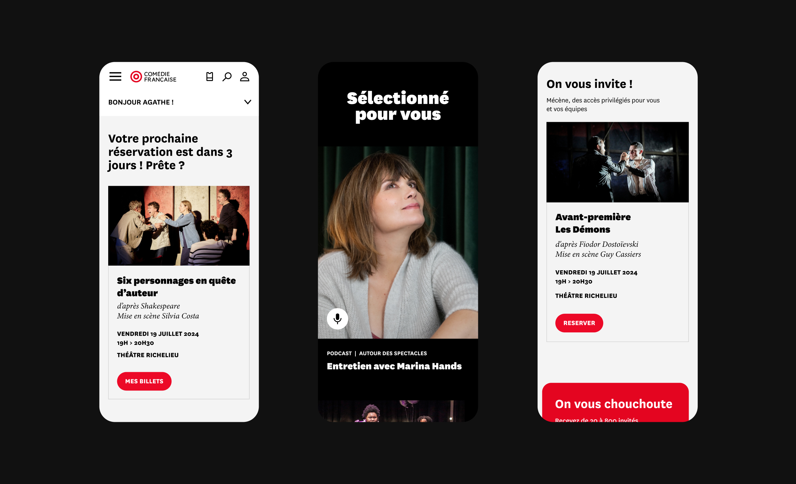 Design UX/UI mobile des pages du site de la Comédie-Française