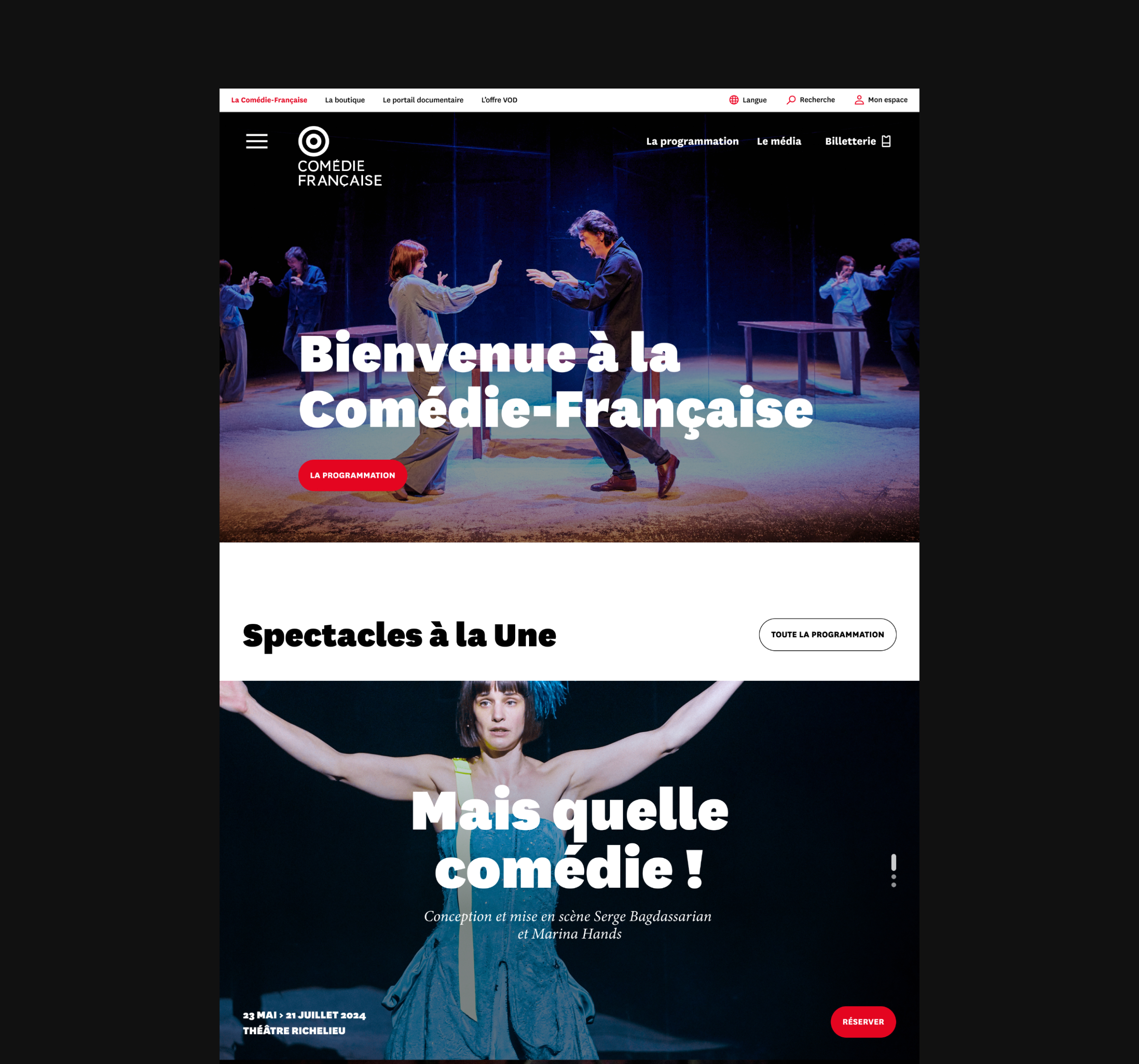 Design UX/UI desktop de la page d'accueil du site de la Comédie-Française