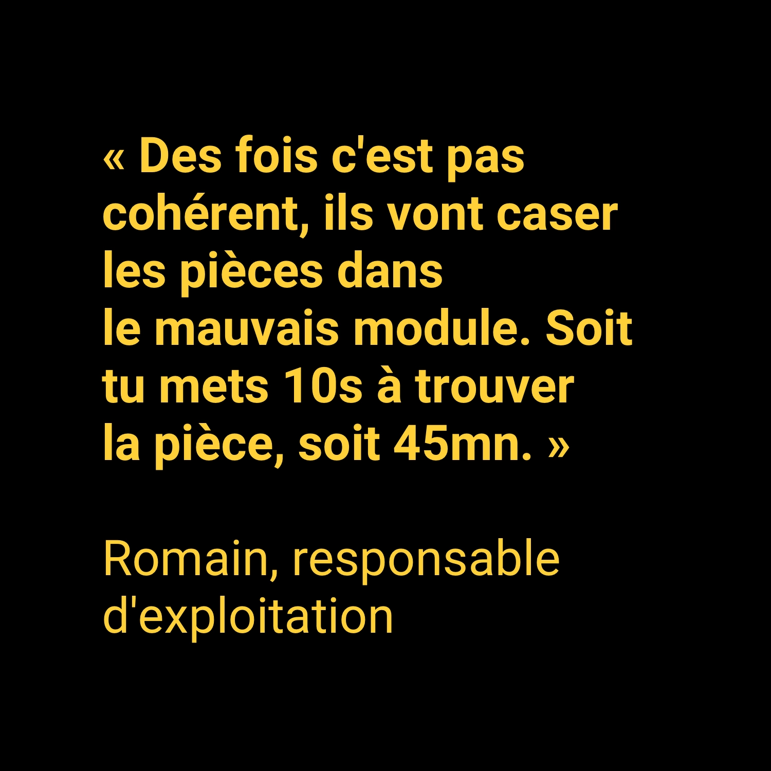 Citation d'un utilisateur à propos de la difficulté à trouver des pièces sur les sites Bergerat Monnoyeur (Caterpillar)