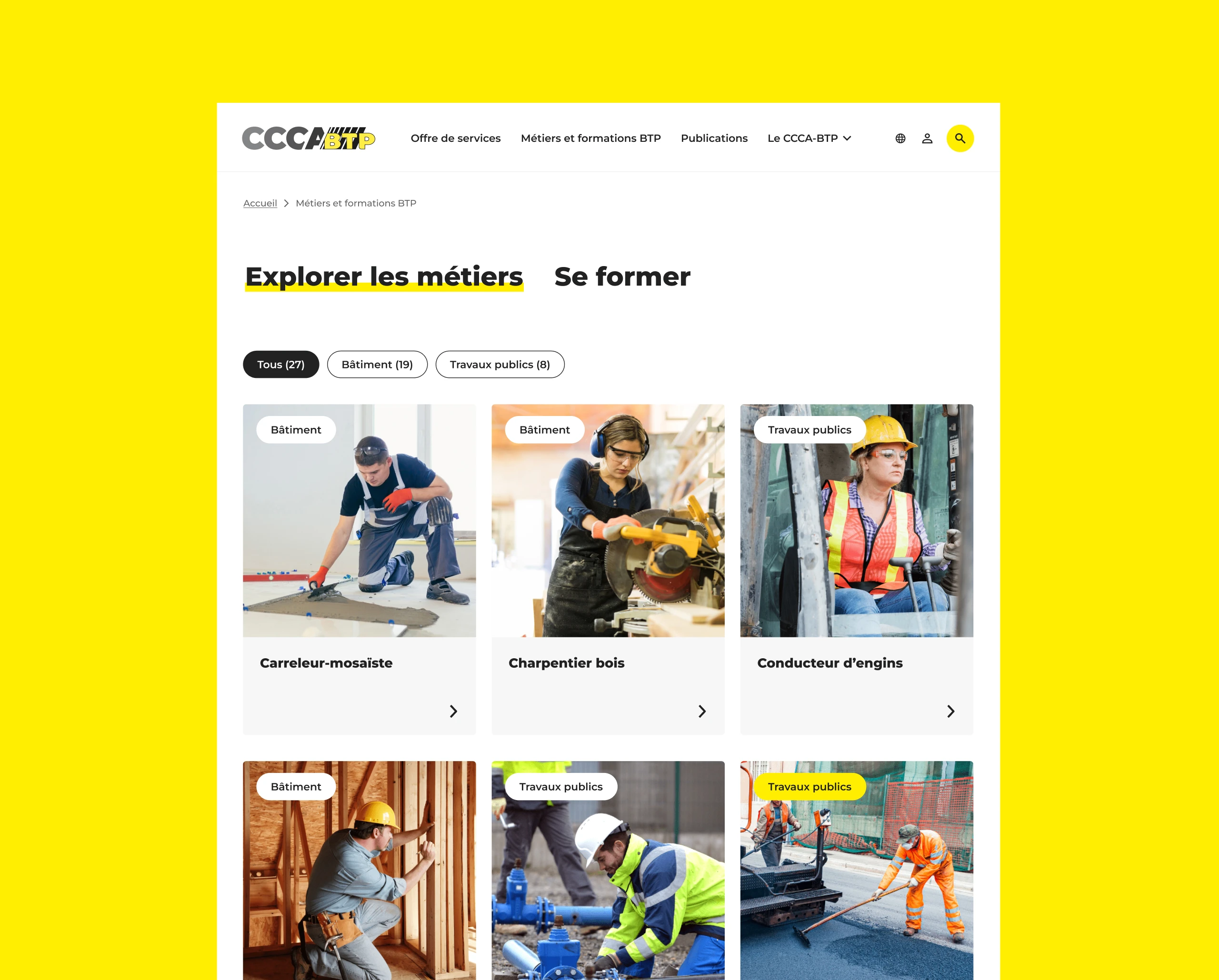 Design UX/UI desktop de la page liste métiers du Site internet CCCA-BTP