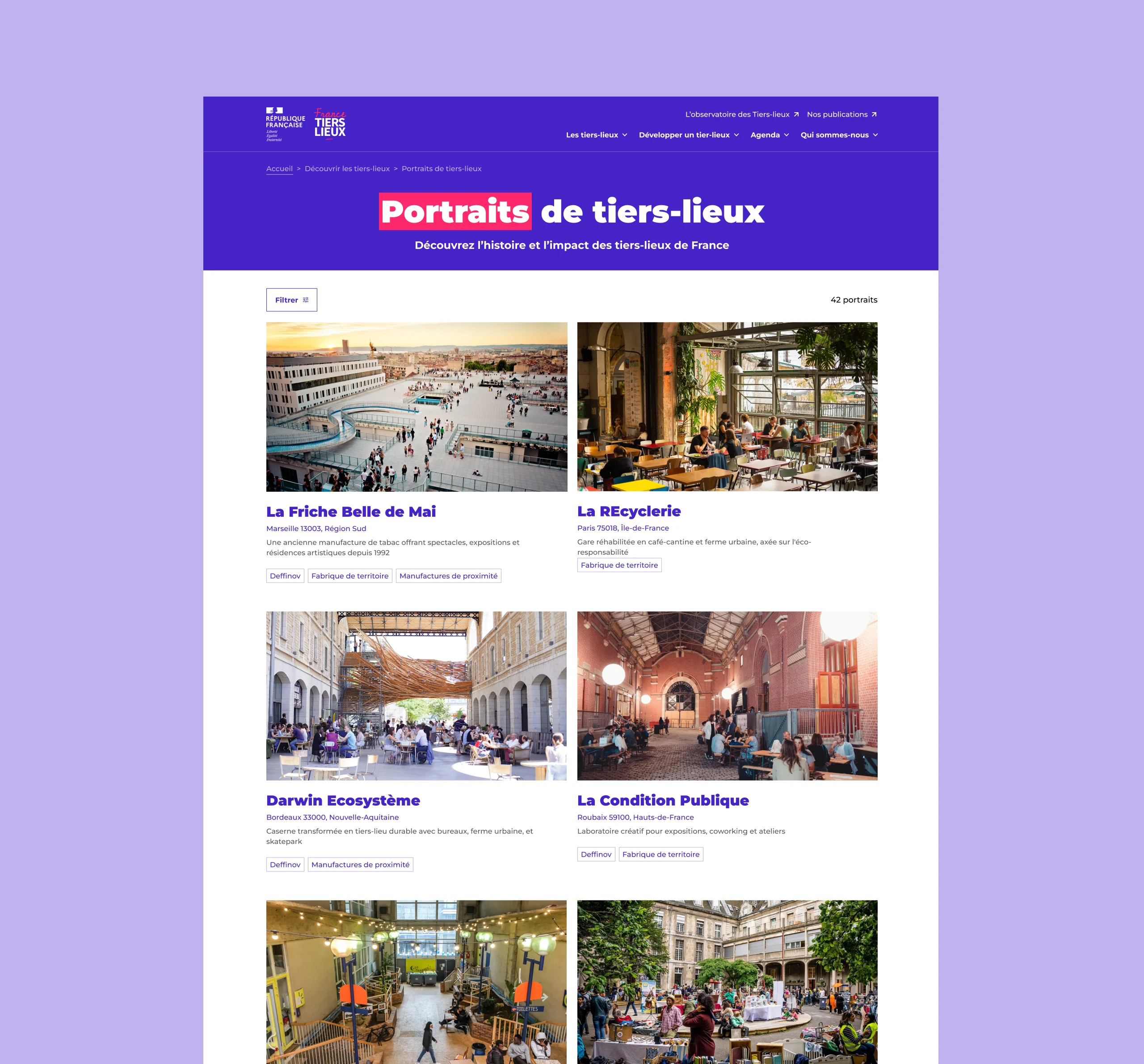 Design UX/UI desktop de la page Portraits de tiers-lieux du site France Tiers-Lieux