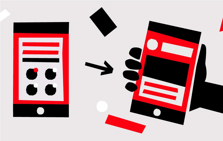 Illustration de trois interfaces mobiles reliées par des flèches, montrant l'évolution progressive d'un design jusqu'à la version finale tenue en main — métaphore du processus d'amélioration de l'expérience utilisateur.