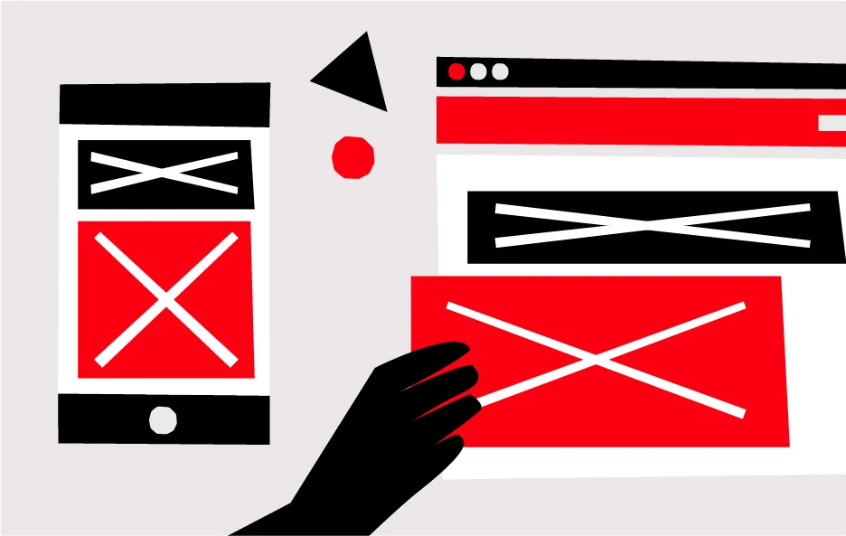 Illustration d'une interface mobile et d'une interface desktop en cours de conception, avec une main qui positionne un bloc dans la mise en page — évoquant le travail de structuration propre à l'UX design.