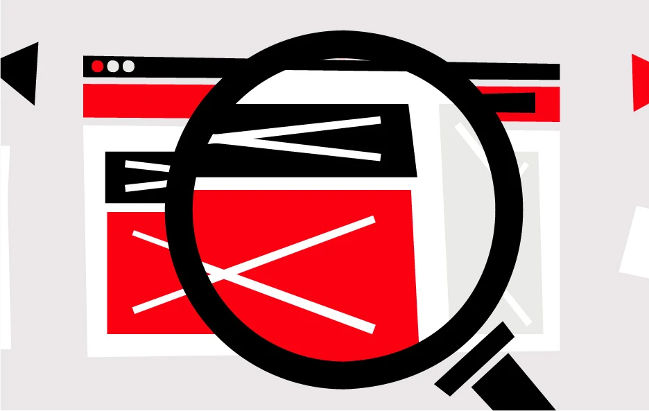Une illustration qui représente une loupe qui zoom sur une page web, et une page web mobile. Elle explique que nous allons rentrer dans l'UX d'une page web.