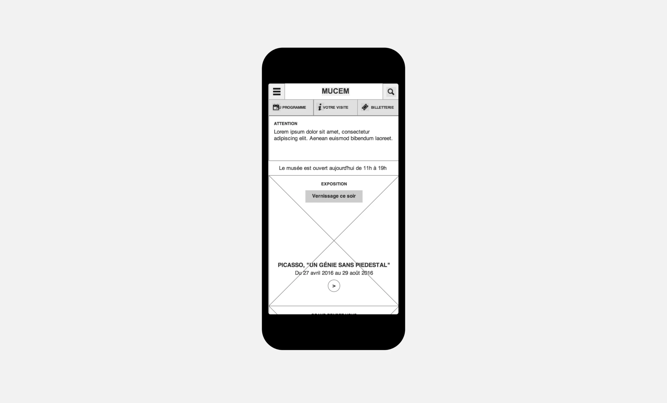 Maquette UX de la homepage du site du Mucem en format mobile, avec les horaires d'ouvertures du musée et les expos à la une