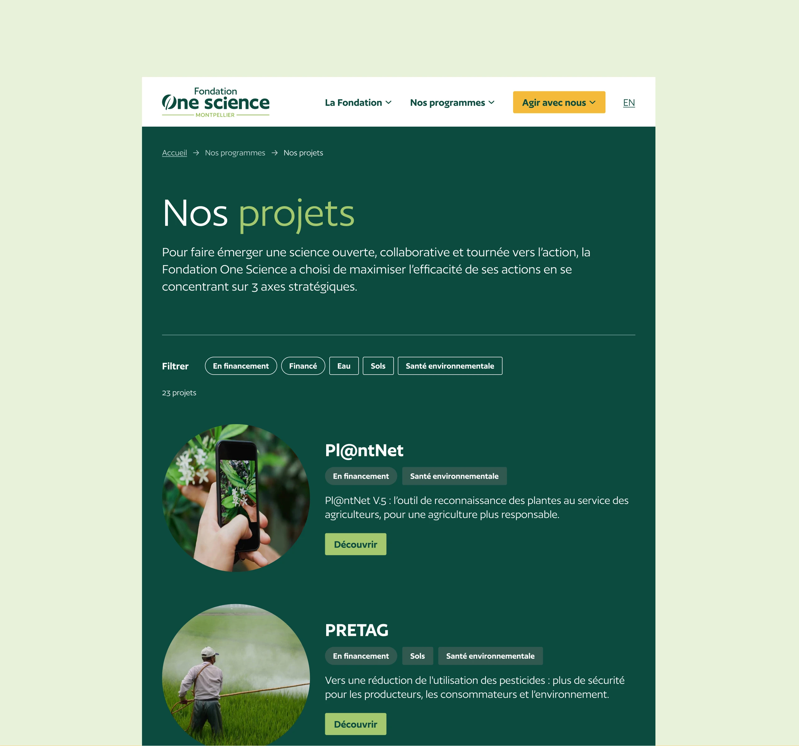 Design UX/UI de la page nos projet du nouveau site internet de la Fondation One Science Montpellier