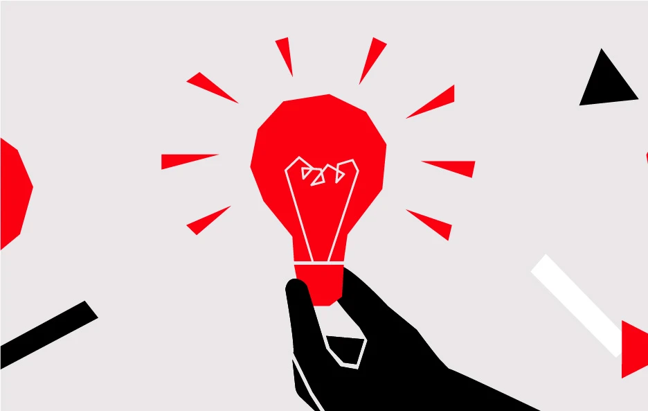 Illustration de trois mains tenant chacune une ampoule, celle du centre illuminée et rayonnante — métaphore de l'idée partagée et de la co-construction au cœur du design thinking.