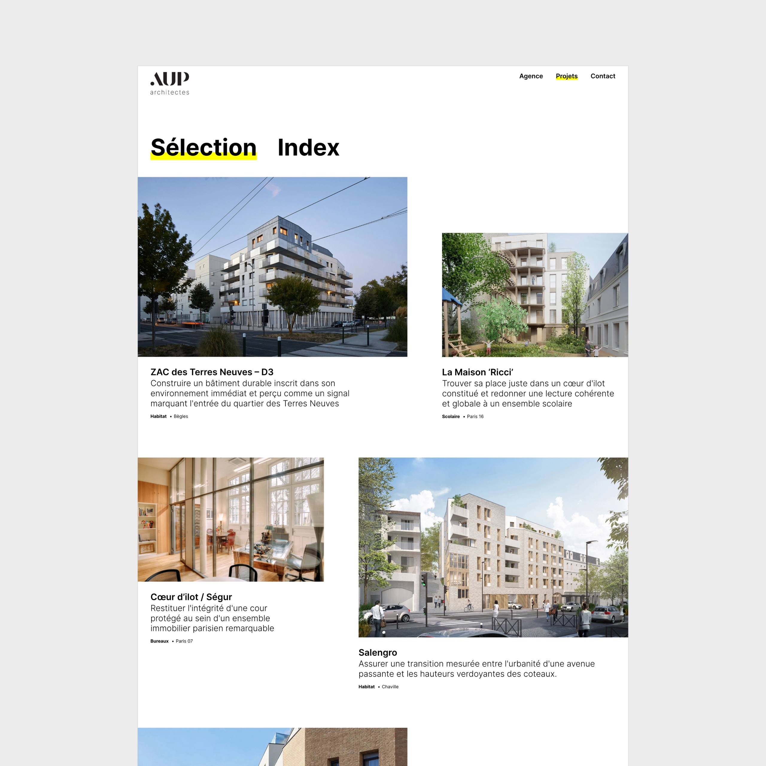 Aperçu de la page liste des projets du site AUP mis en situation en desktop
