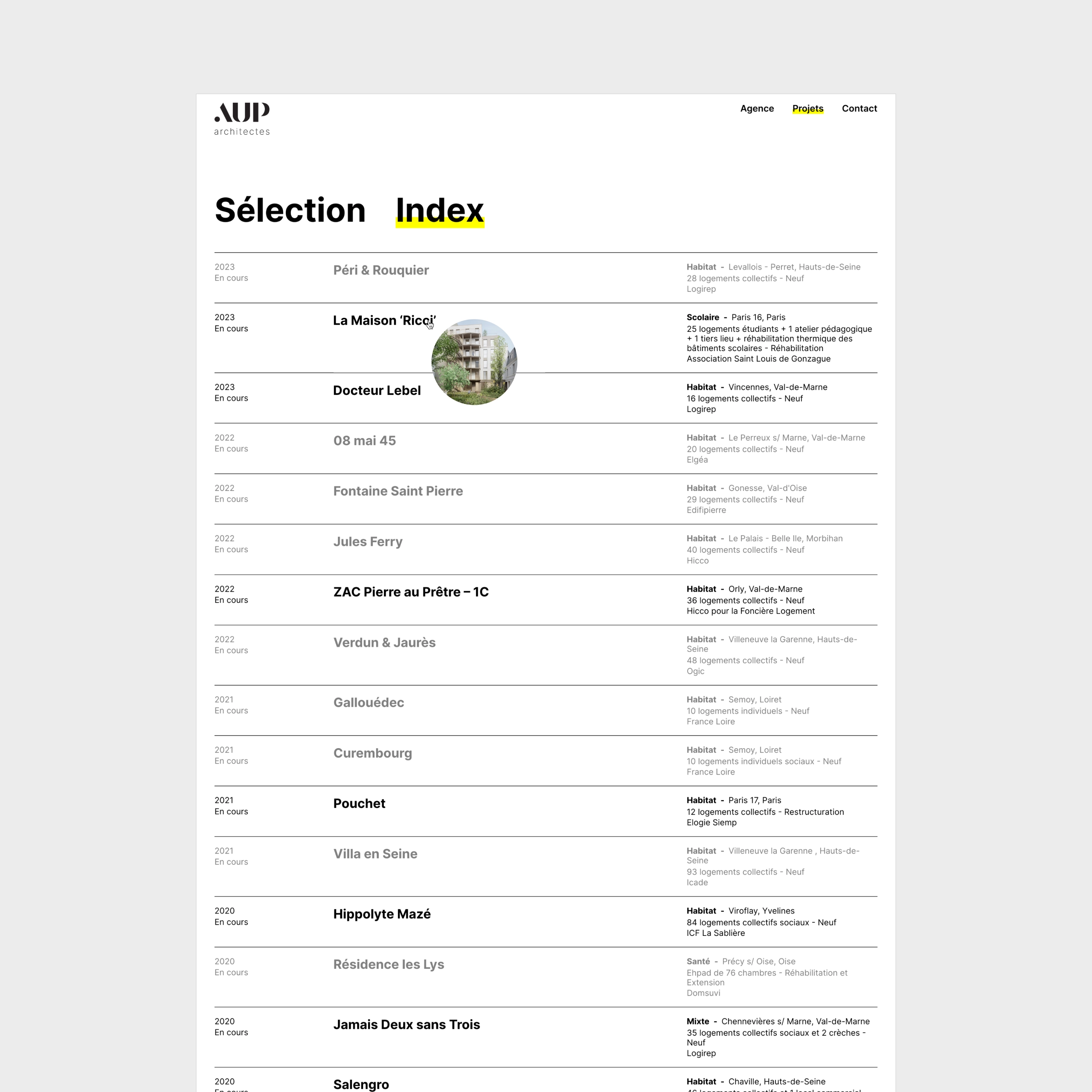 Aperçu de l'index des projets du site AUP mis en situation en desktop