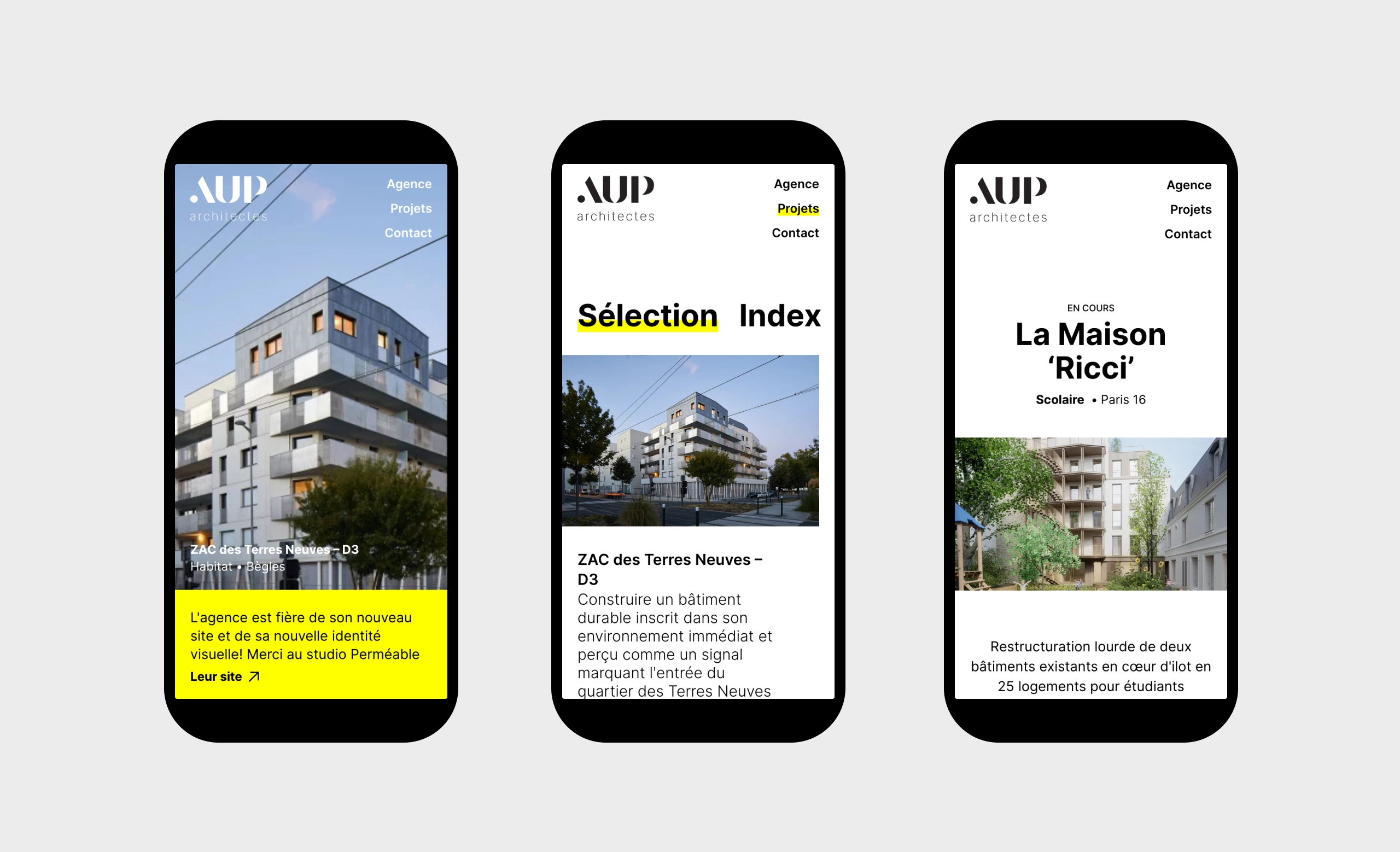 Aperçu des pages du site AUP mis en situation en mobile