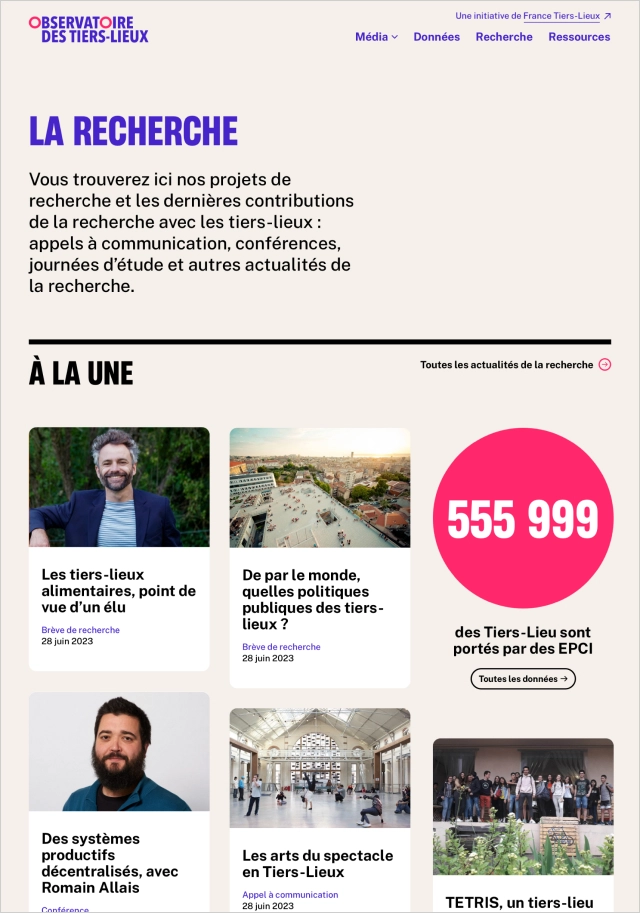 Design UX/UI desktop de la page recherches du site de l'Observatoire des Tiers-lieux