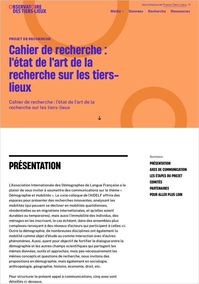 Design UX/UI desktop de la page détail d'un cahier de recherche du site de l'Observatoire des Tiers-lieux