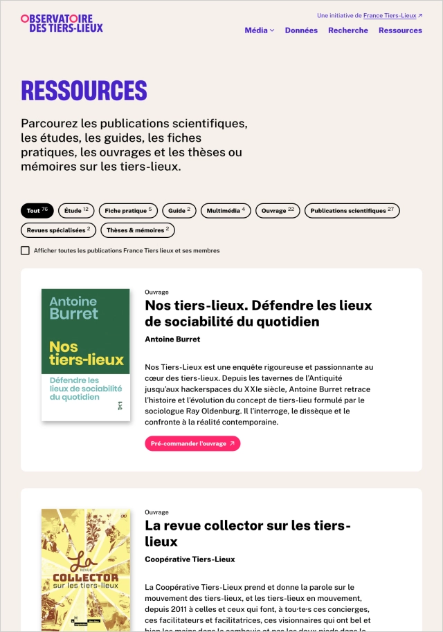 Design UX/UI desktop de la page ressources du site de l'Observatoire des Tiers-lieux