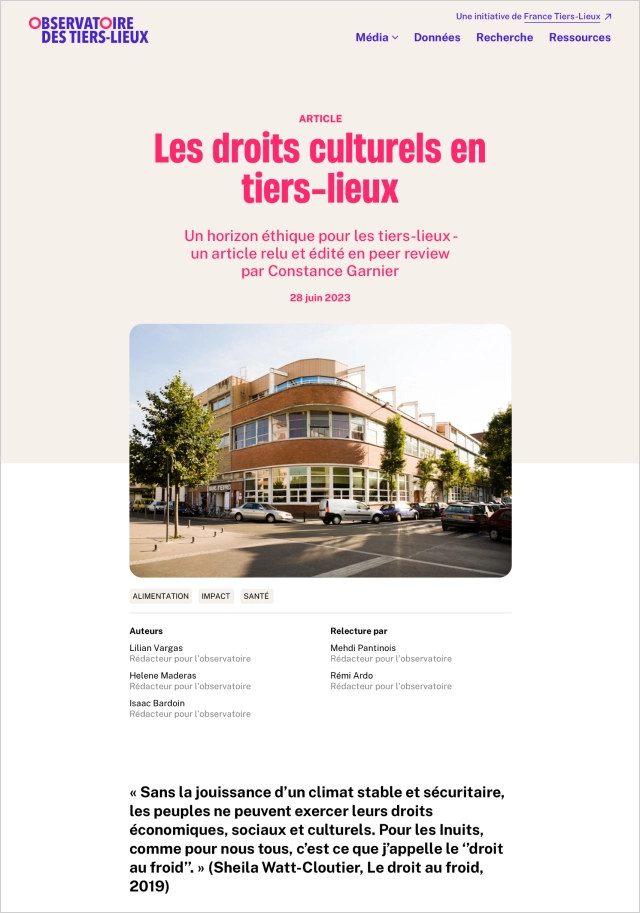 Design UX/UI desktop de la page détail d'un article du site de l'Observatoire des Tiers-lieux