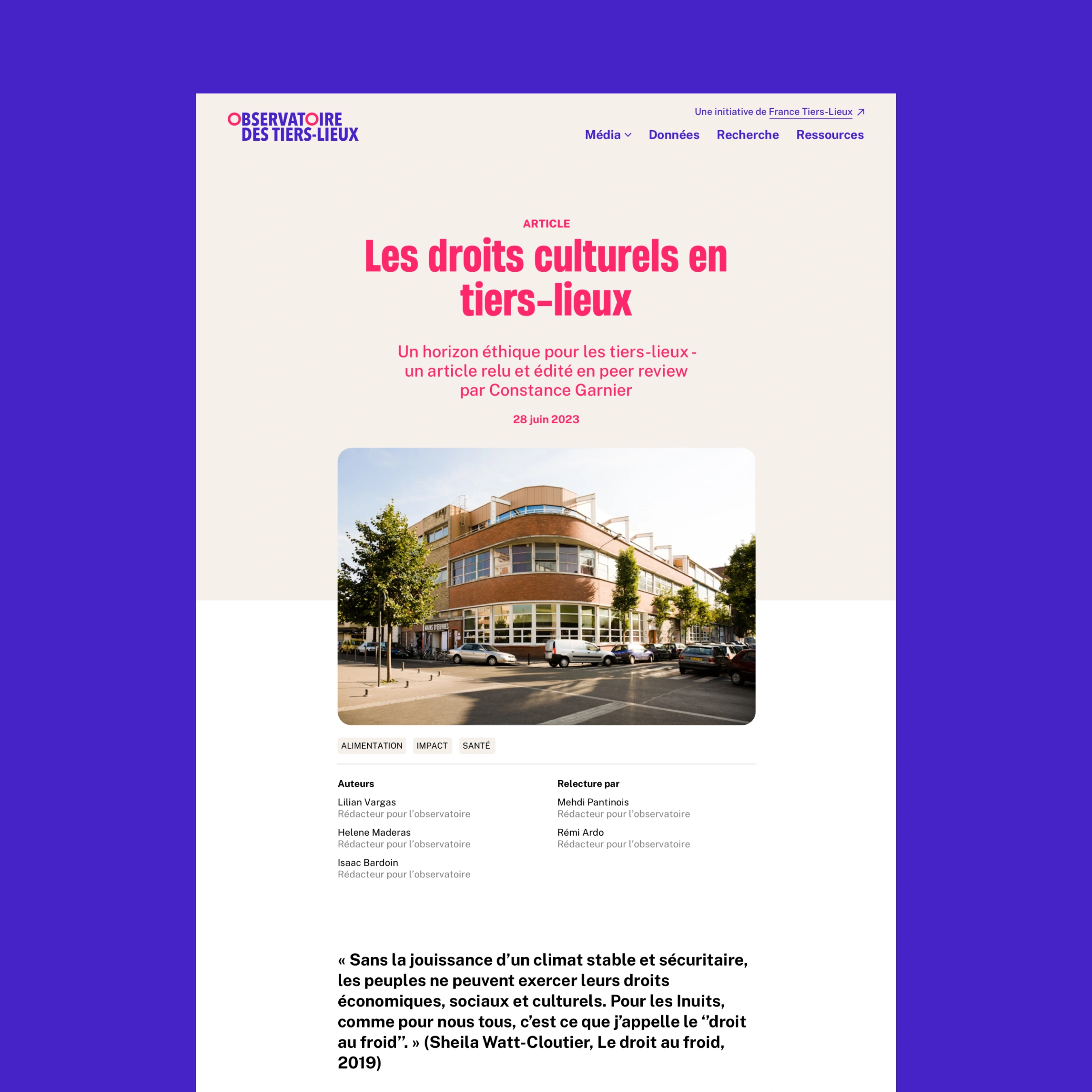 Page d'un article du site de l'Observatoire des Tiers-Lieux