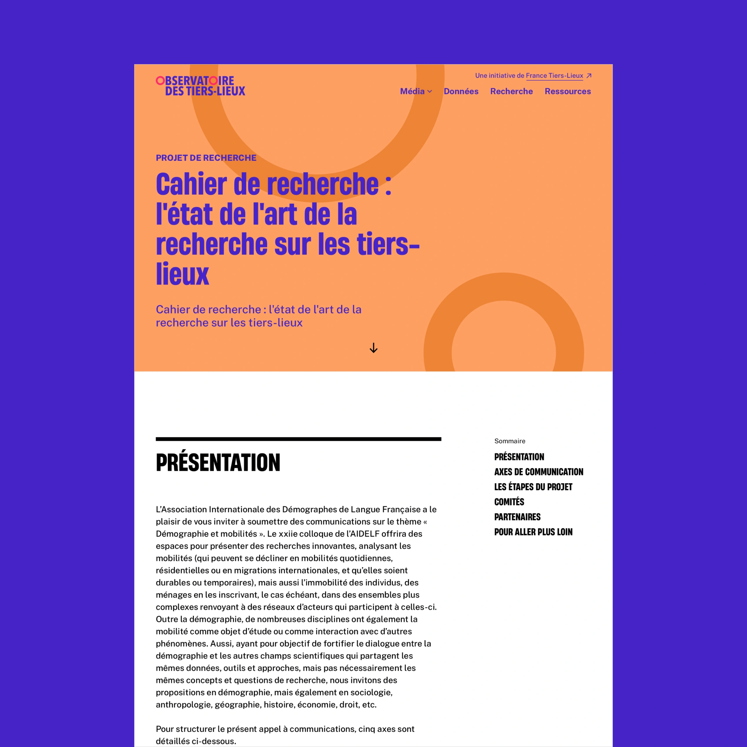 Page cahier de recherche du site de l'Observatoire des Tiers-Lieux