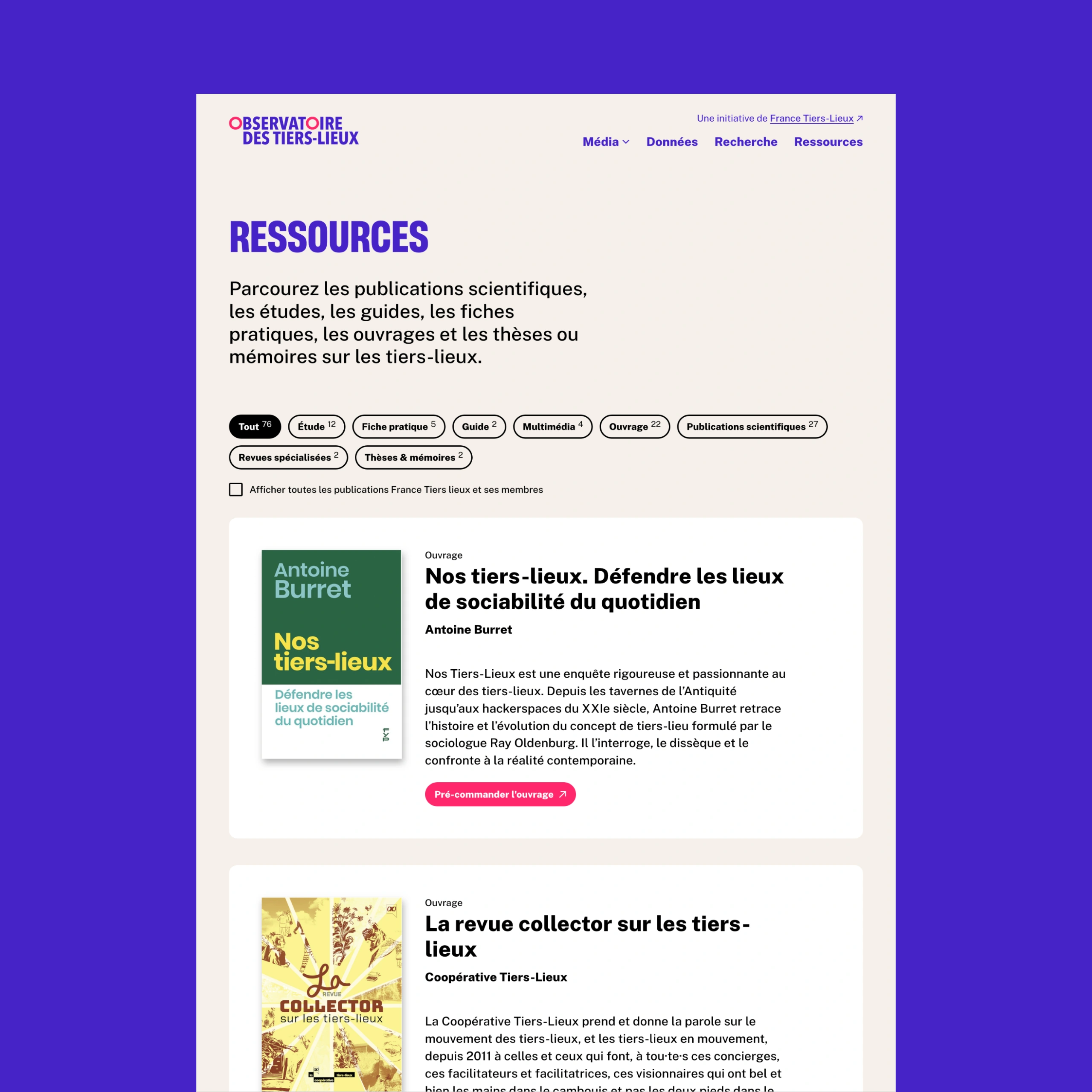 Page ressources du site de l'Observatoire des Tiers-Lieux
