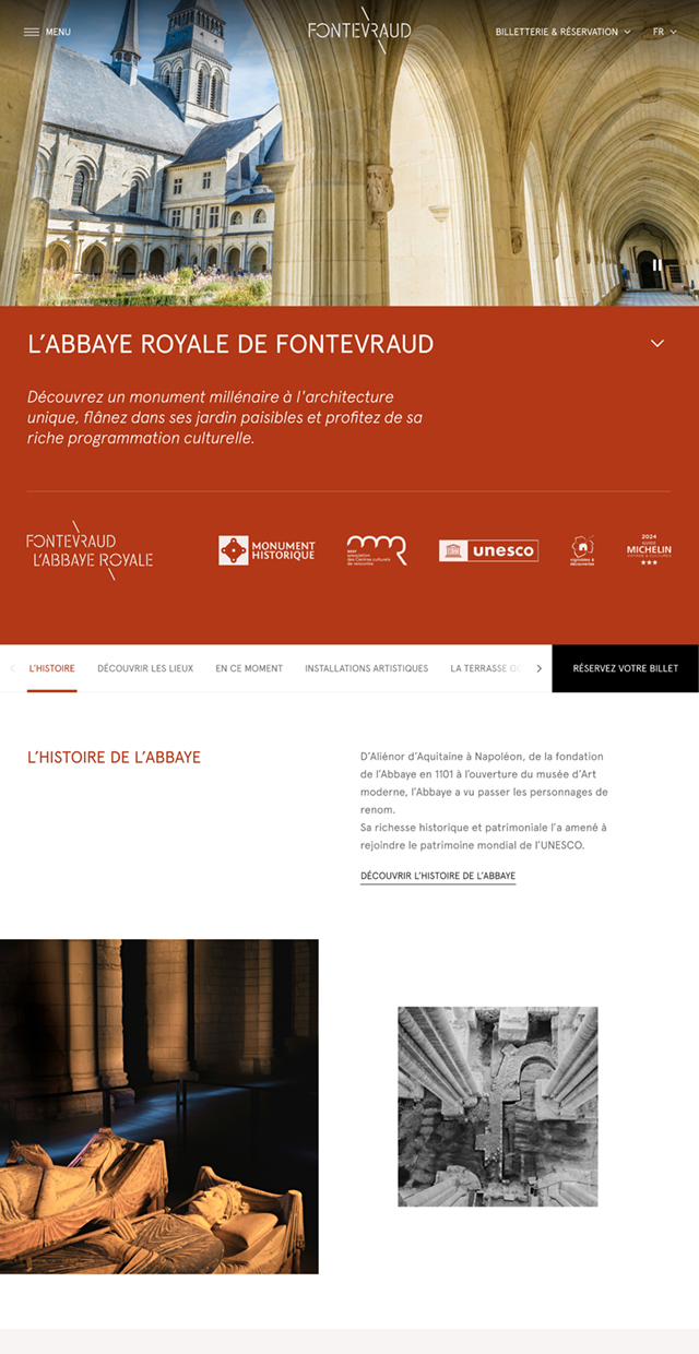 Design UX/UI desktop de la page sur l'Abbaye Royale du site de Fontevraud