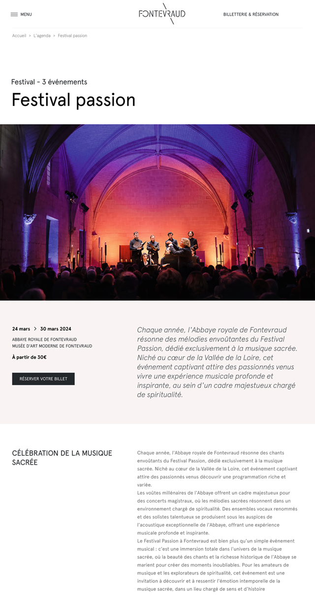 Design UX/UI desktop de la page d'un événement du site de Fontevraud