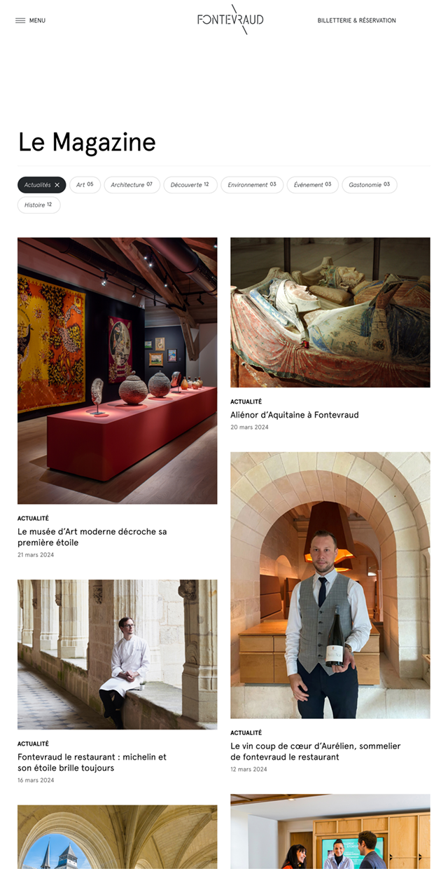 Design UX/UI desktop de la page le Magazine du site de Fontevraud