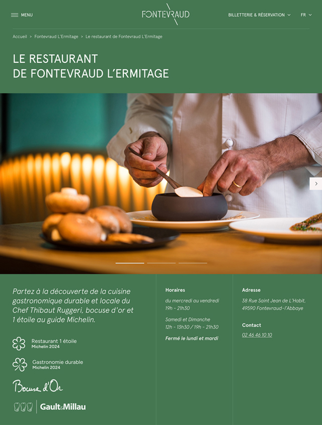 Design UX/UI desktop de la page sur le restaurant de Fontevraud L’Ermitage du site de Fontevraud