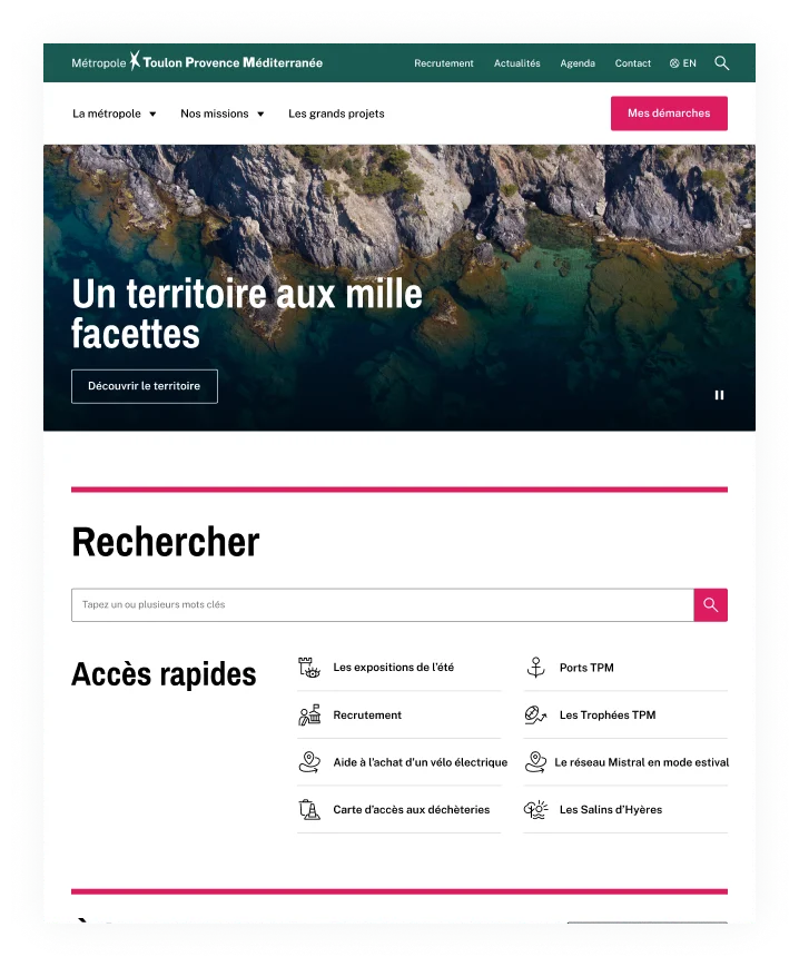 Design UX/UI desktop de la page d'accueil du site de la Métropole Toulon Provence Méditerranée