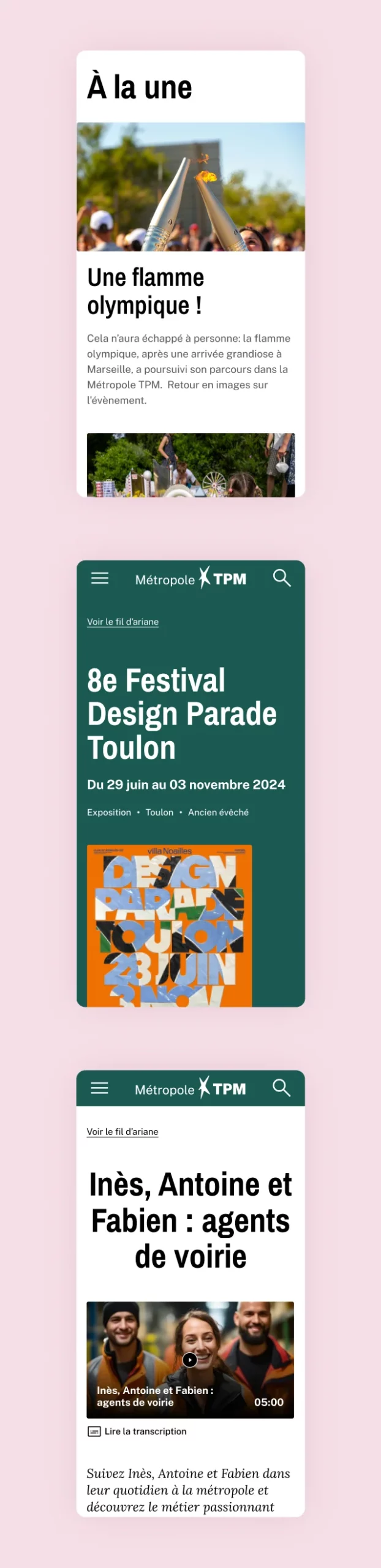 Design UX/UI mobile des pages du site de la Métropole Toulon Provence Méditerranée