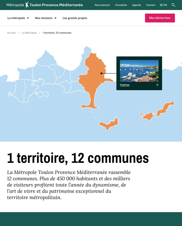 Design UX/UI desktop de la page territoire du site de la Métropole Toulon Provence Méditerranée