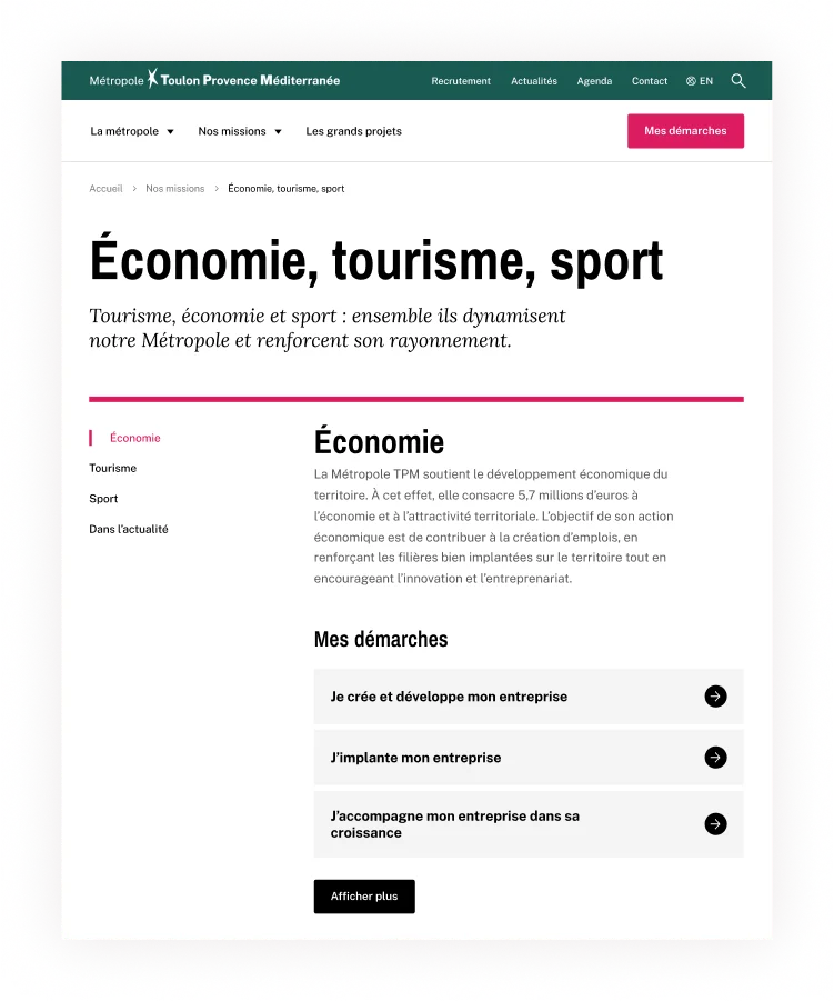 Design UX/UI desktop de la page économie, tourisme et sport du site de la Métropole Toulon Provence Méditerranée