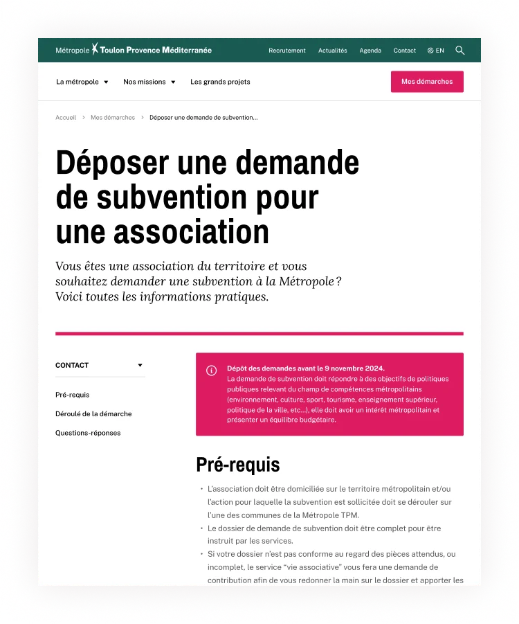 Design UX/UI desktop de la page subvention du site de la Métropole Toulon Provence Méditerranée