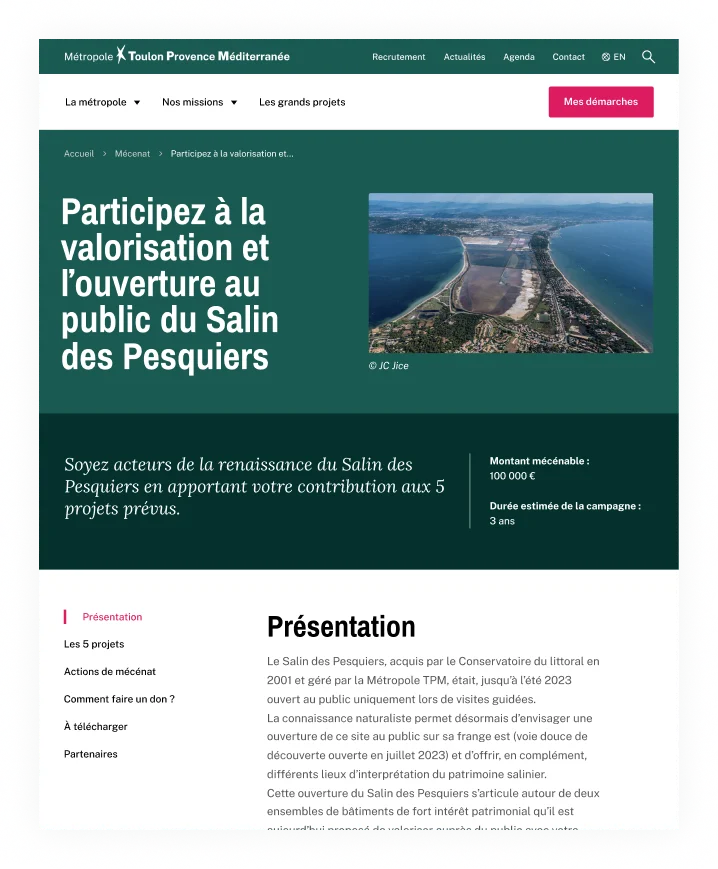 Design UX/UI desktop de la page détail mécénat du site de la Métropole Toulon Provence Méditerranée