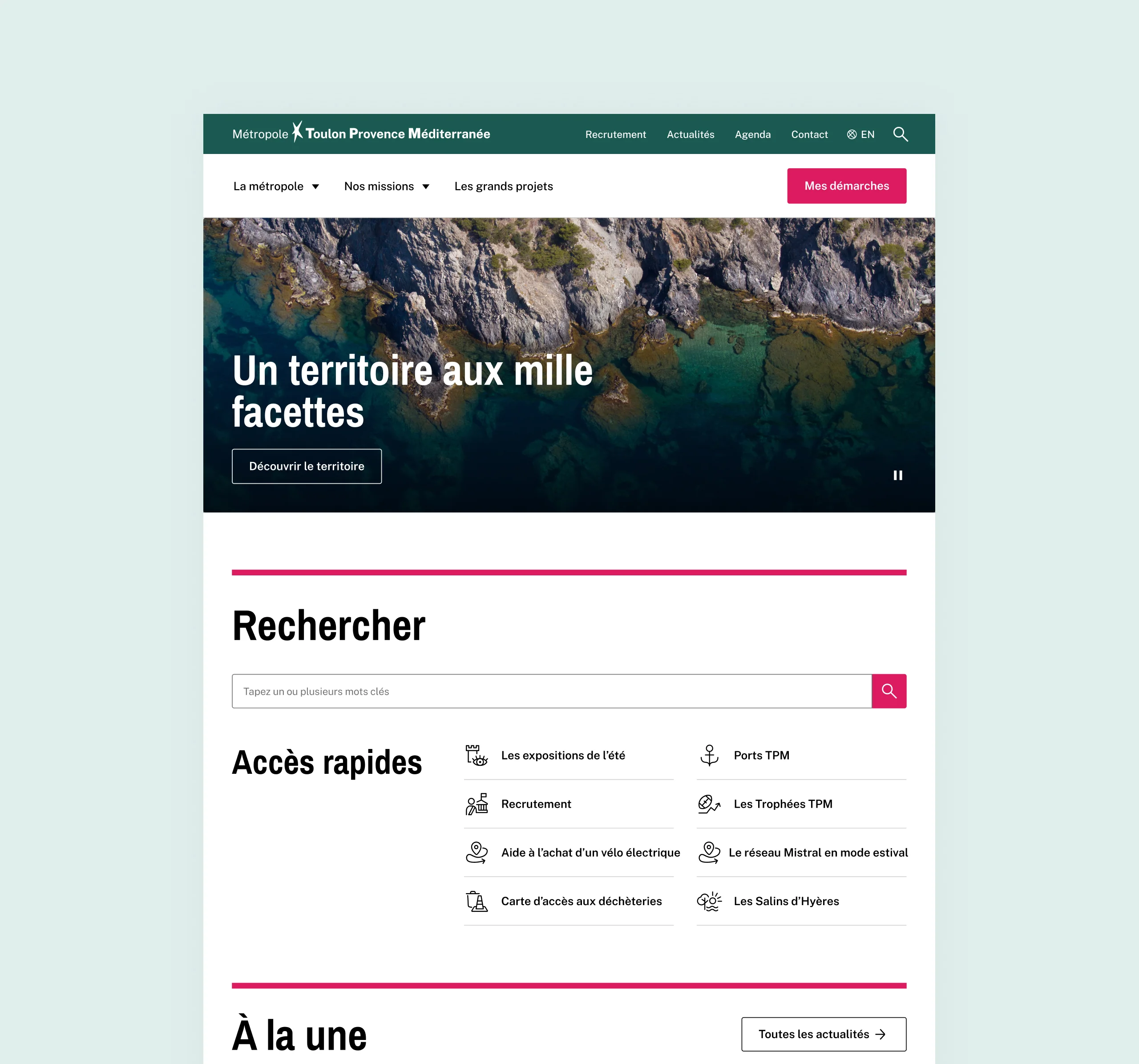 Design UX/UI desktop de la page d'accueil du site de la Métropole Toulon Provence Méditerranée