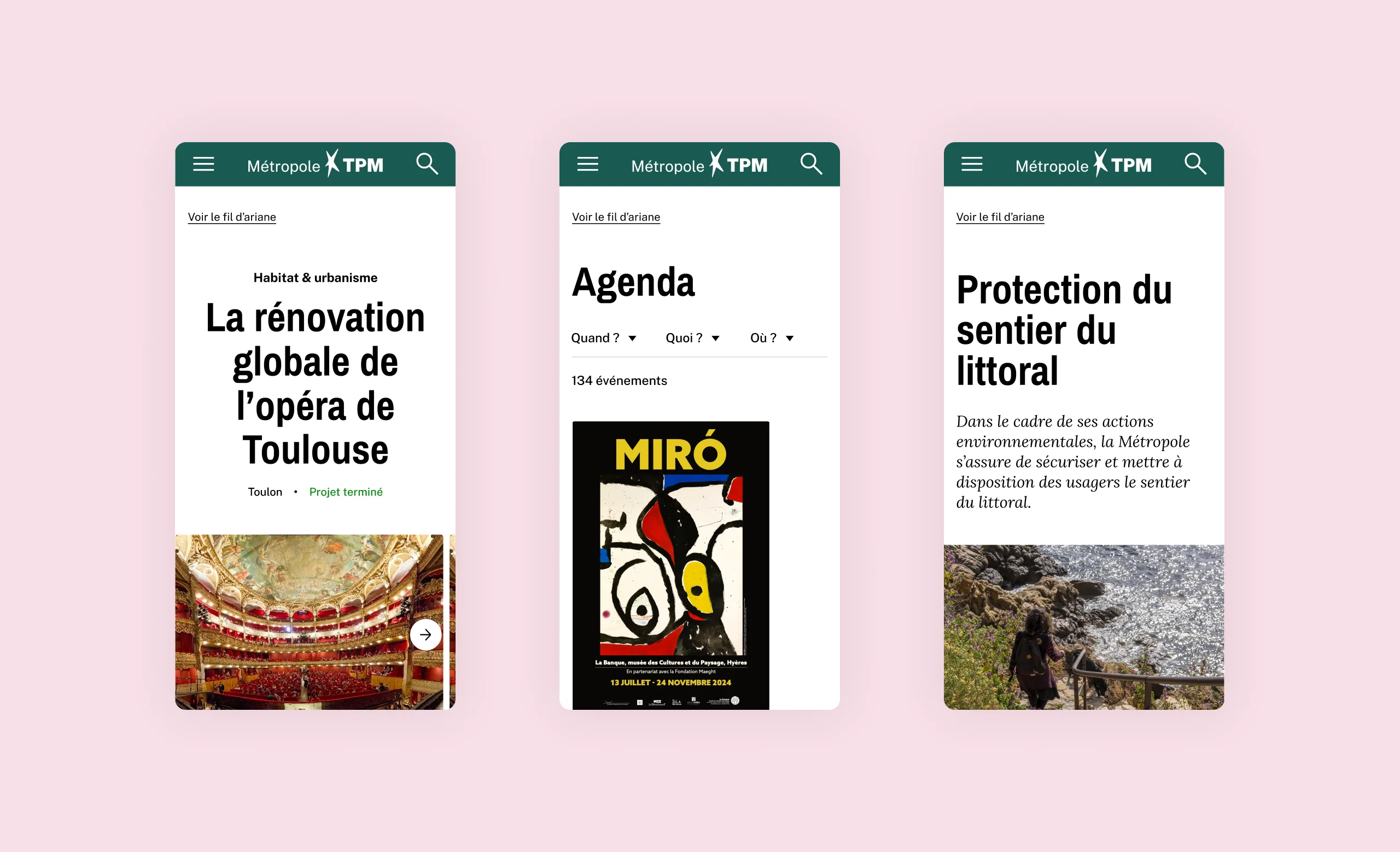Design UX/UI mobile des pages du site de la Métropole Toulon Provence Méditerranée