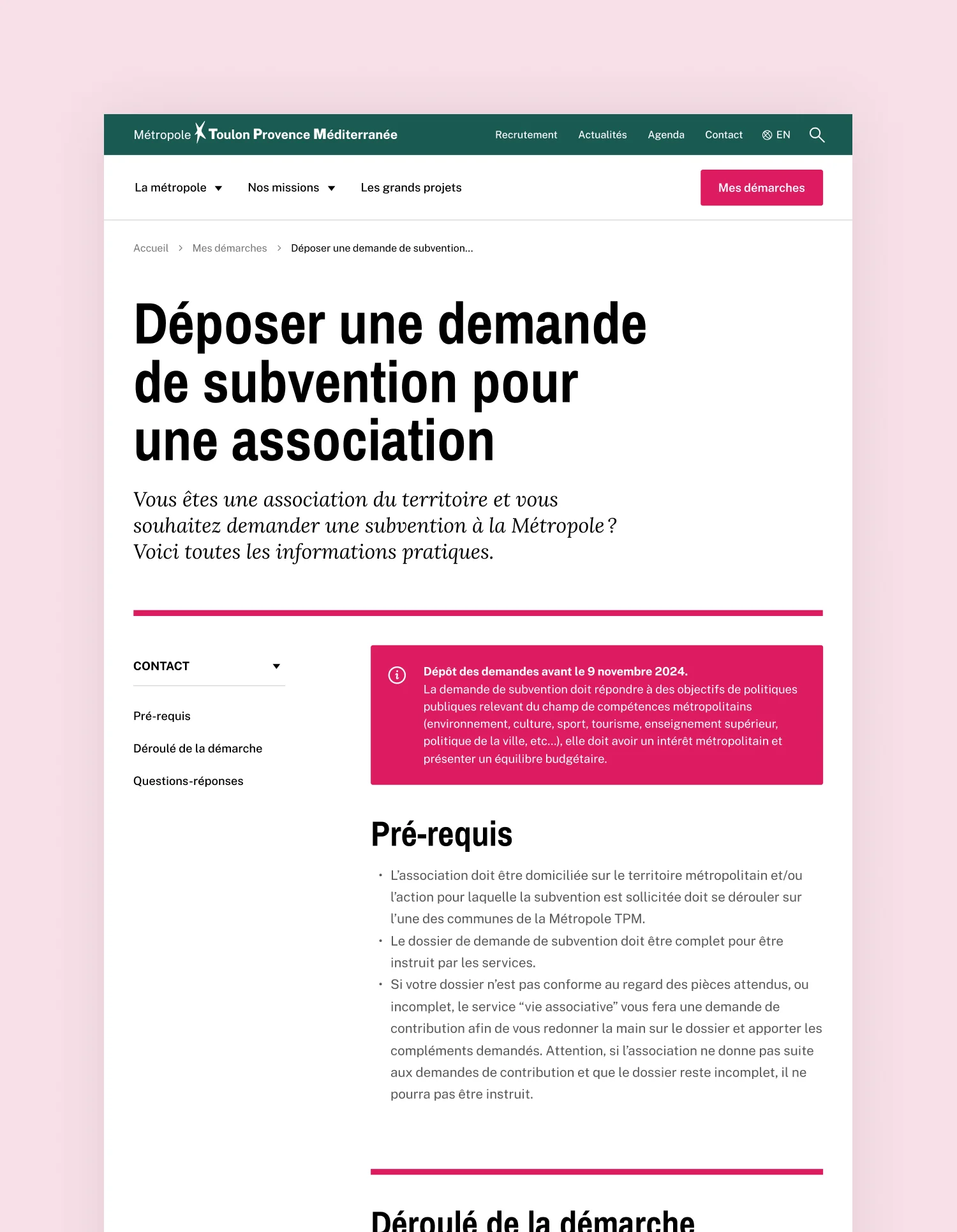 Design UX/UI desktop de la page subvention du site de la Métropole Toulon Provence Méditerranée
