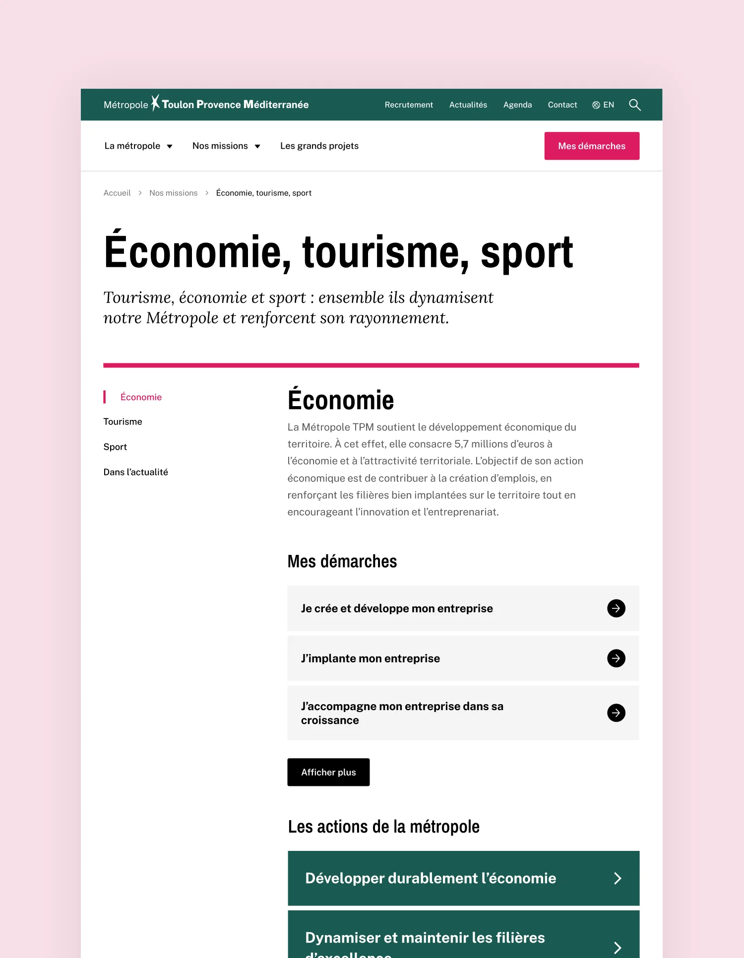 Design UX/UI desktop de la page économie, tourisme et sport du site de la Métropole Toulon Provence Méditerranée