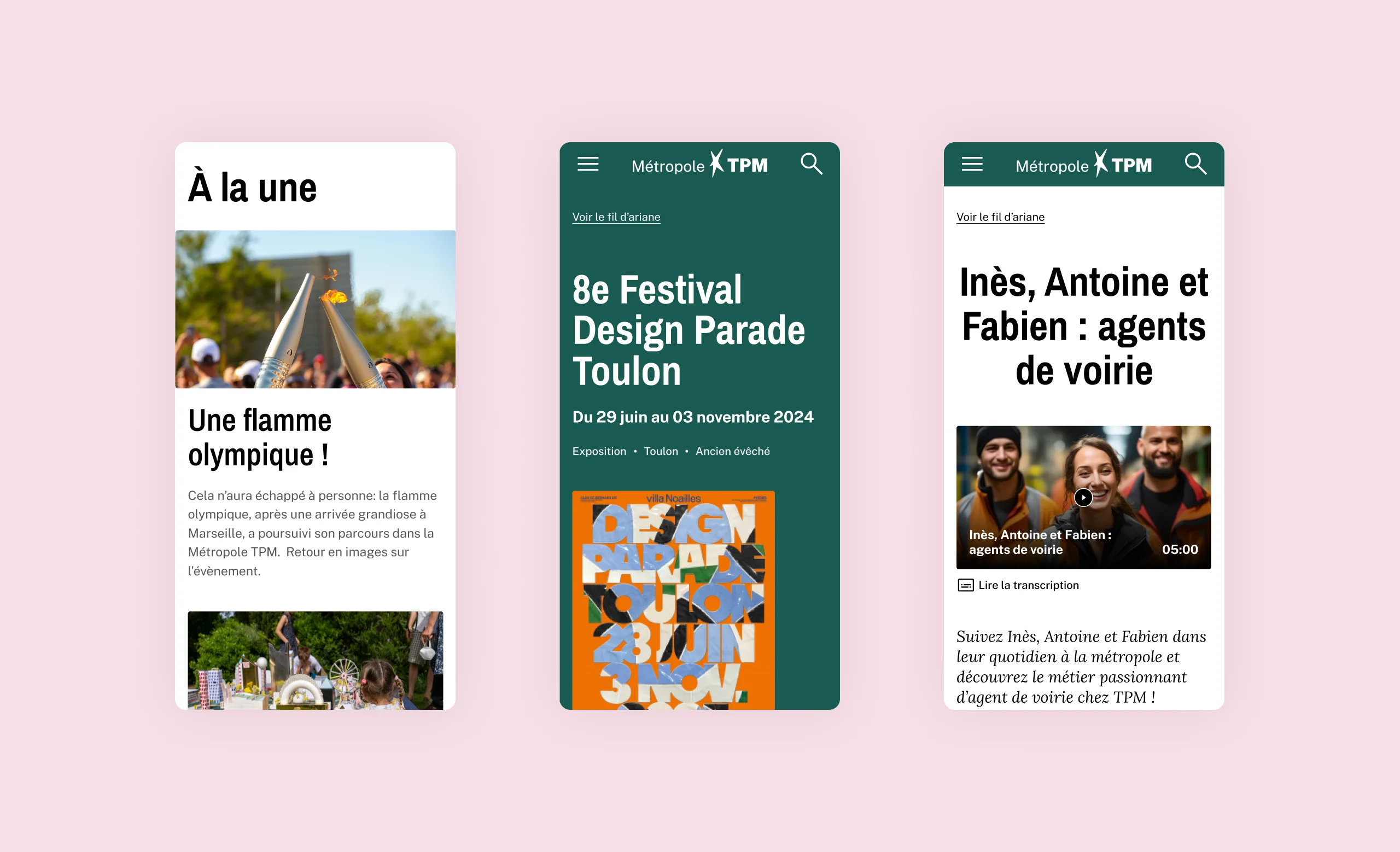 Design UX/UI mobile des pages du site de la Métropole Toulon Provence Méditerranée