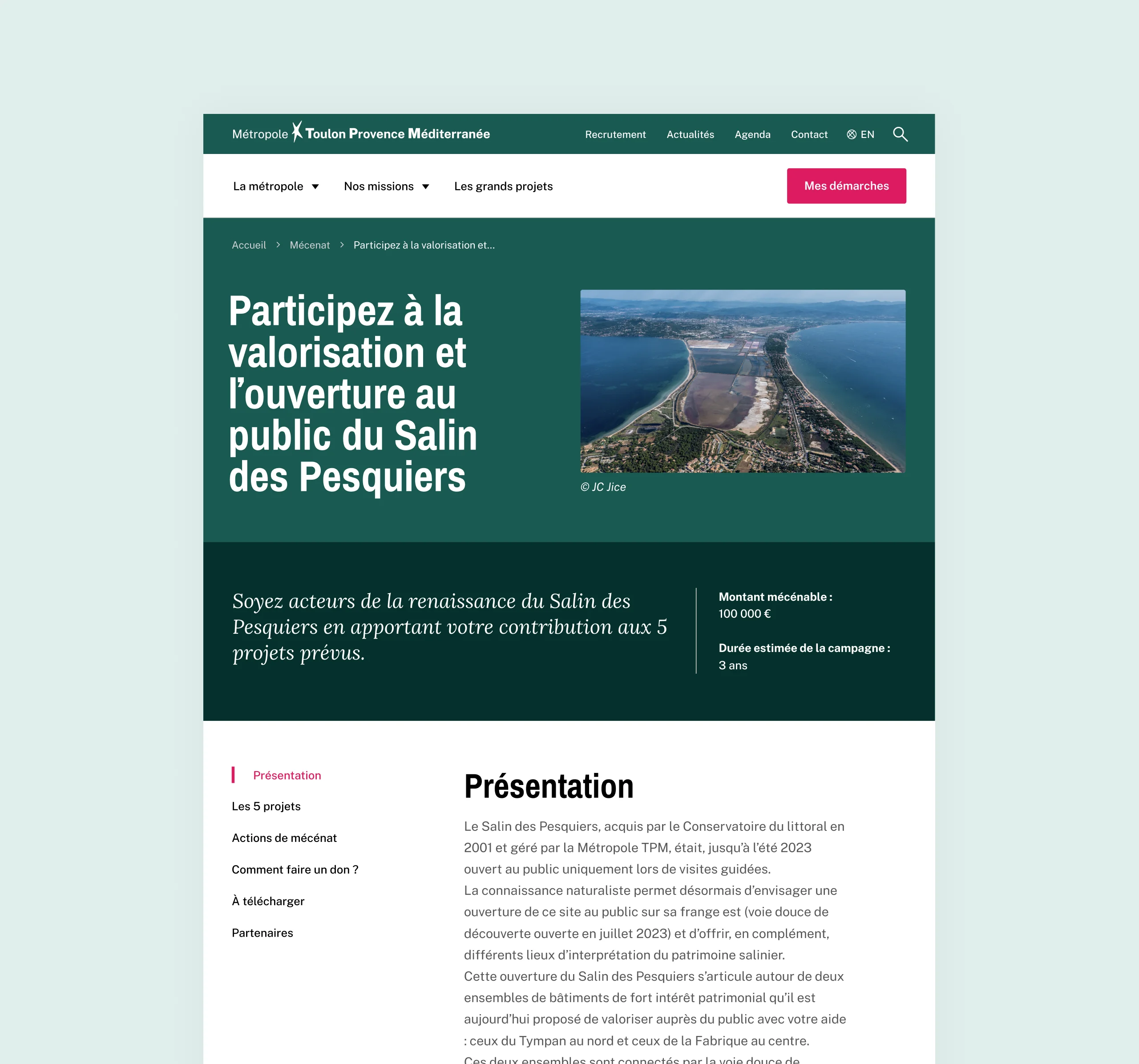 Design UX/UI desktop de la page détail mécénat du site de la Métropole Toulon Provence Méditerranée