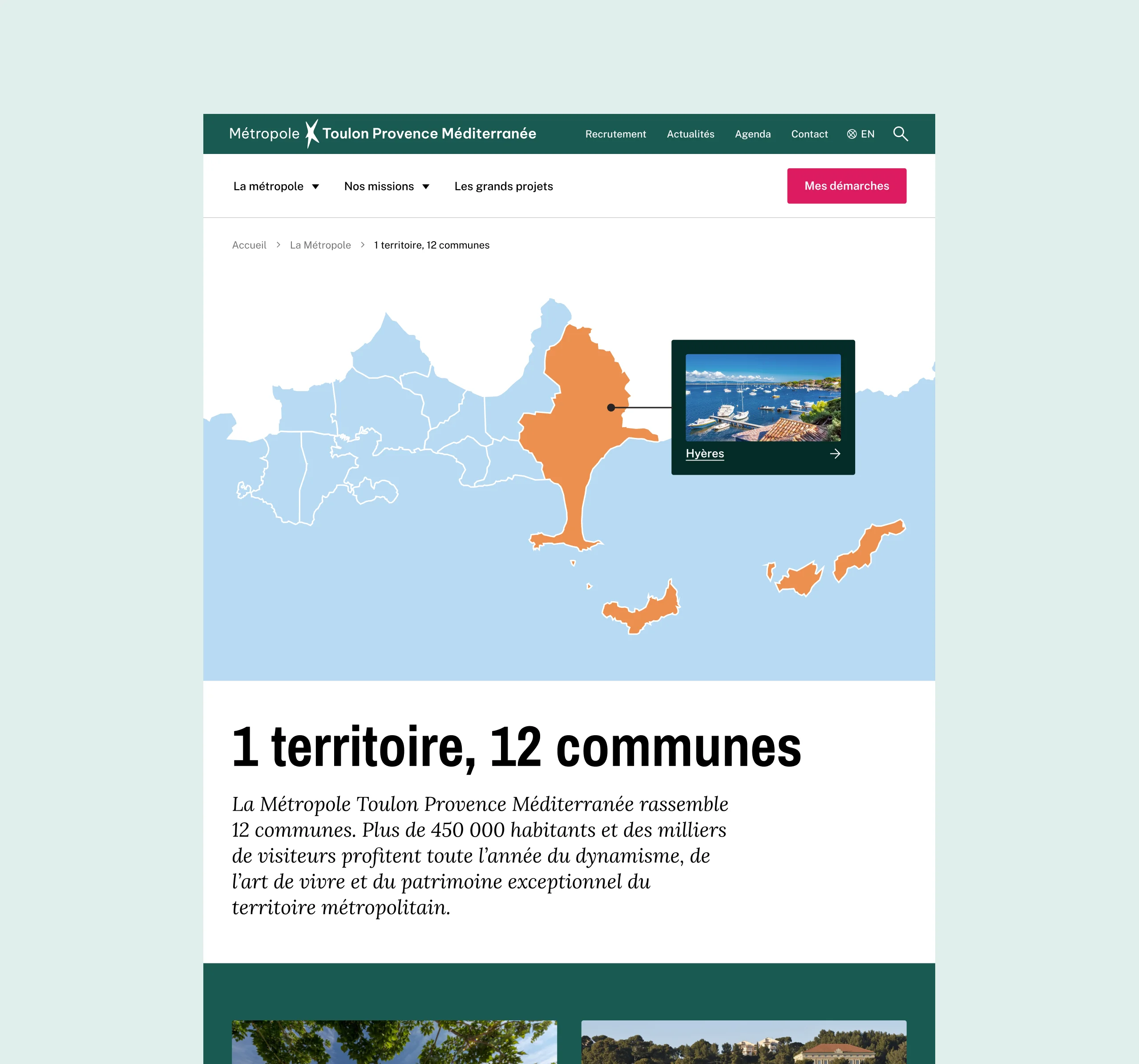 Design UX/UI desktop de la page territoire du site de la Métropole Toulon Provence Méditerranée
