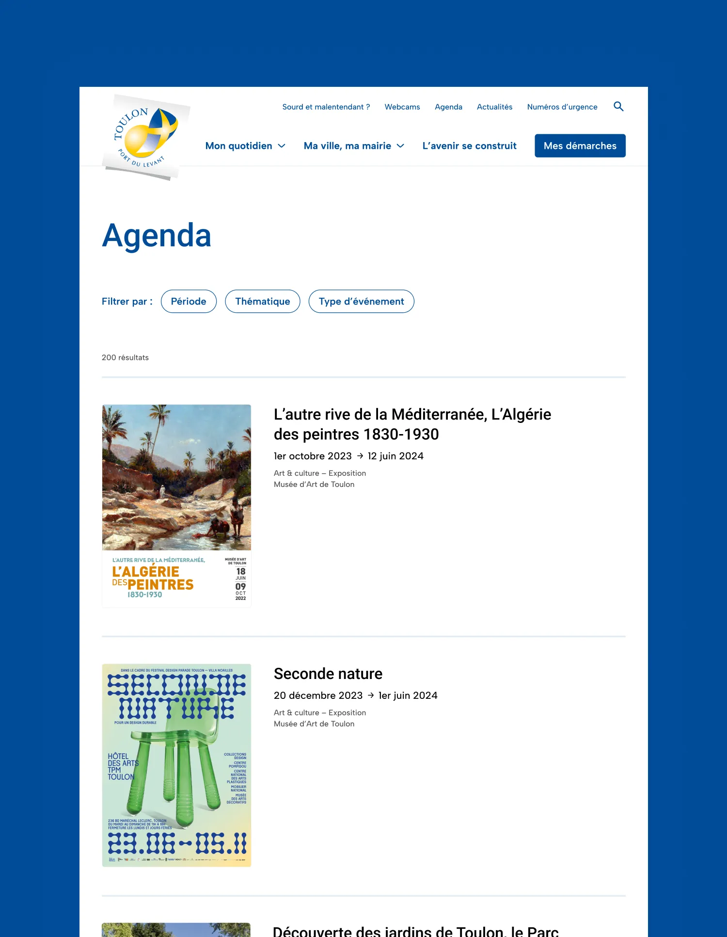 Design UX/UI desktop de la page agenda du site de la ville de Toulon