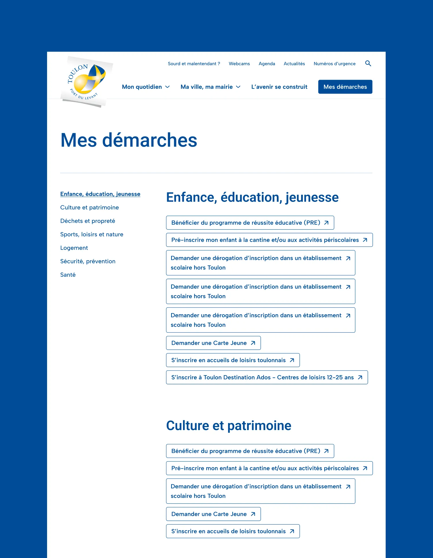Design UX/UI desktop des pages du site de la ville de Toulon