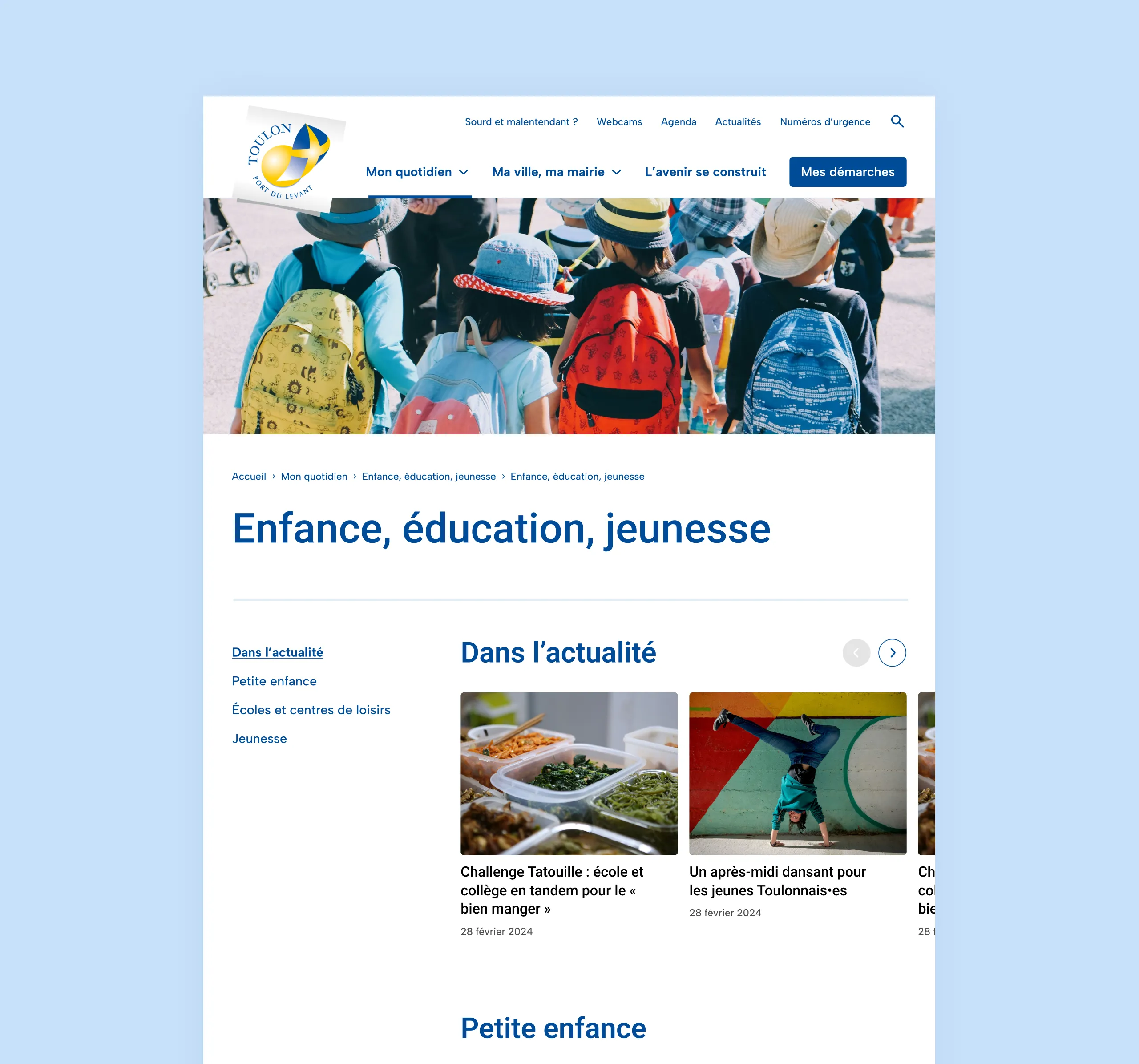 Design UX/UI desktop de la page hub du site de la ville de Toulon