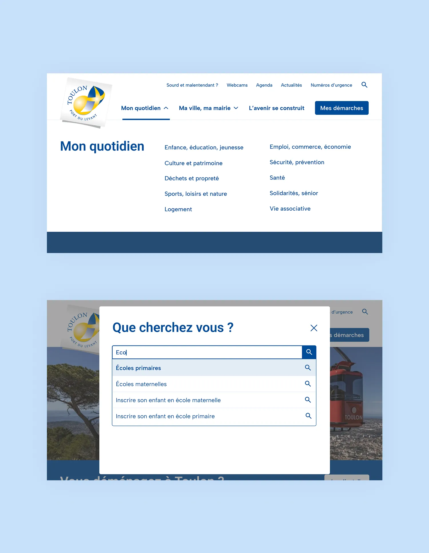 Design UX/UI desktop de la navigation et du champ de recherche du site de la ville de Toulon