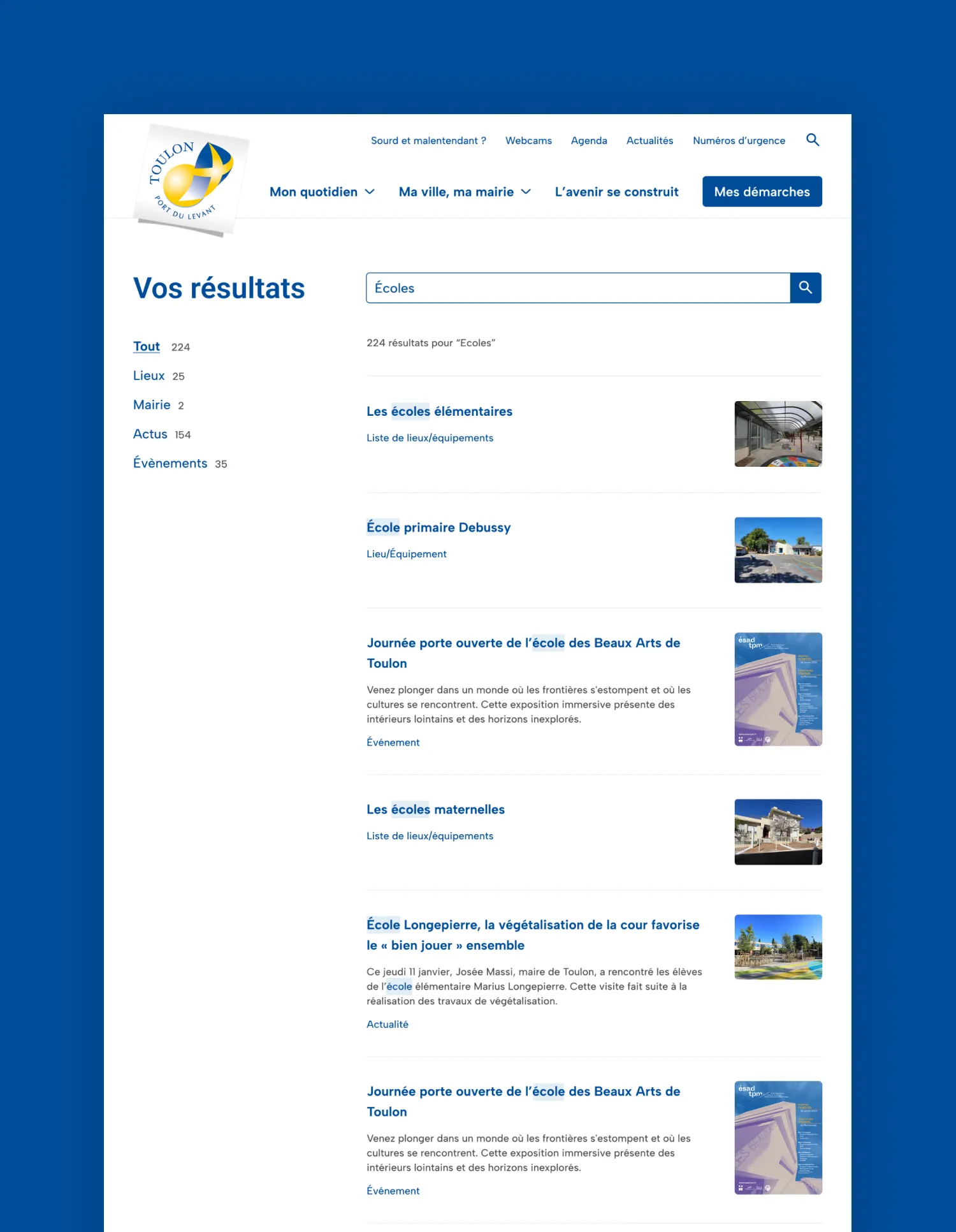 Design UX/UI desktop de la page de résultats du site de la ville de Toulon