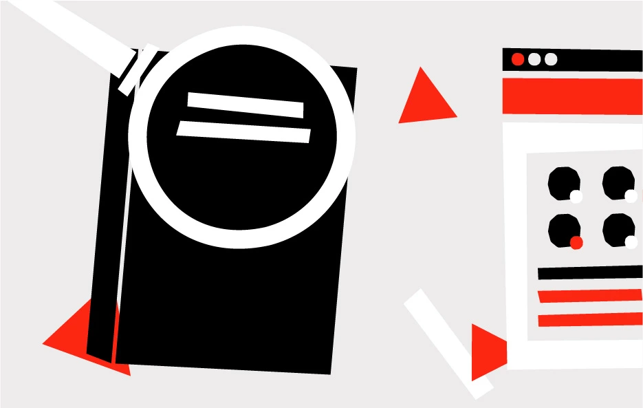 Illustration représentant un guide aux côtés d’une interface UX desktop, mettant en scène les différentes étapes d’une méthodologie UX.