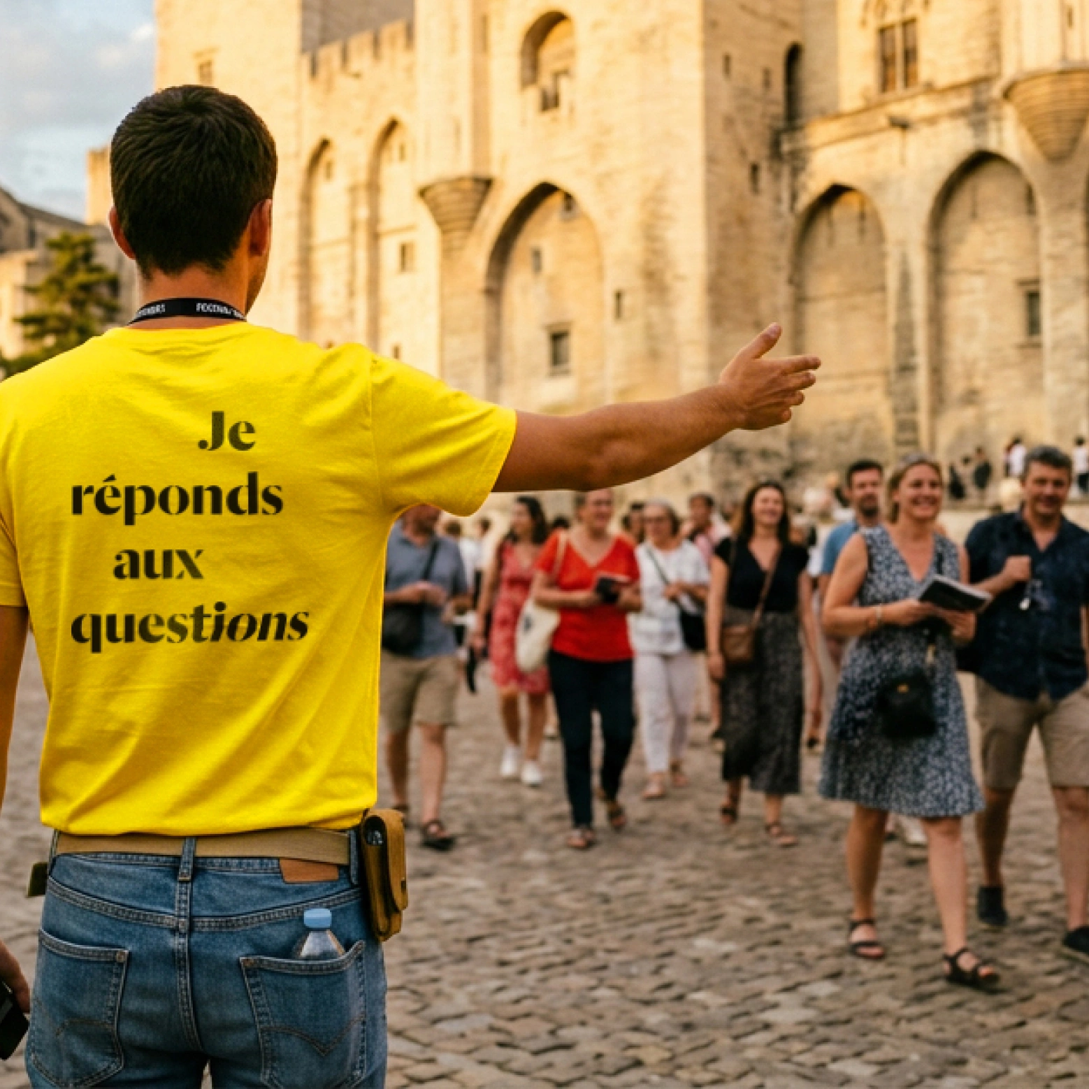 Un bénévole qui porte le t-shirt aux couleurs du Festival d'Avignon 2026 avec le texte "Je réponds aux questions"